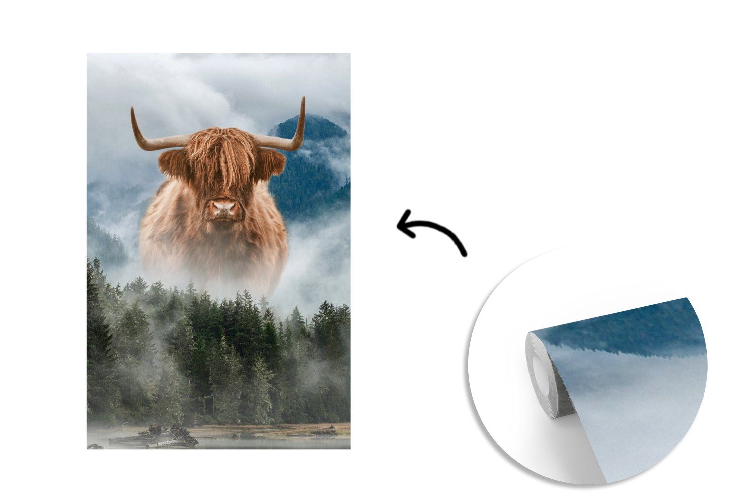 bedruckt, Nebel Montagefertig Berge, St), (3 MuchoWow - Tapete Fototapete Vinyl Schottische Matt, - Highlander Wohnzimmer, für Wandtapete