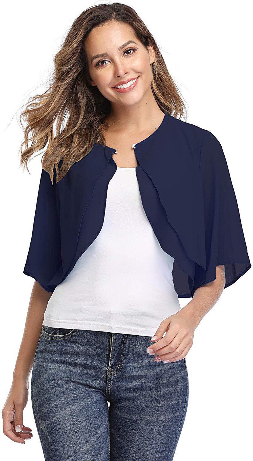 Zaewry Bolero Damen-Bolero aus Chiffon,3/4-Arm,Chiffon Coverup,Fließend,zart,luftig Geeignet für elegante Dinner-Anlässe