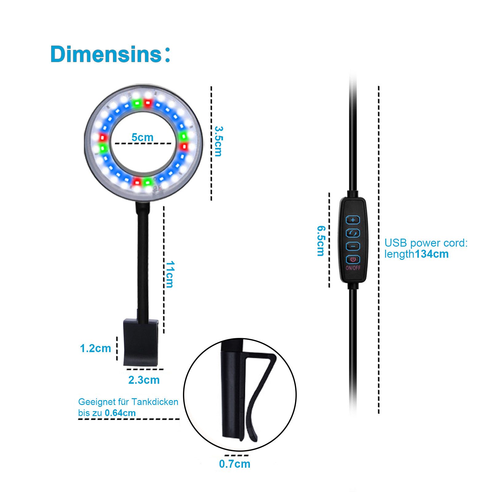 Jibenhome LED Aquariumleuchte Aquarium Lampe Dimmbare Aquariumbeleuchtung Clip-on Fisch Tank Licht, Aquarium Licht 6W mit 3 Modi & 10 Leuchtstufen Unterwasserbeleuchtung