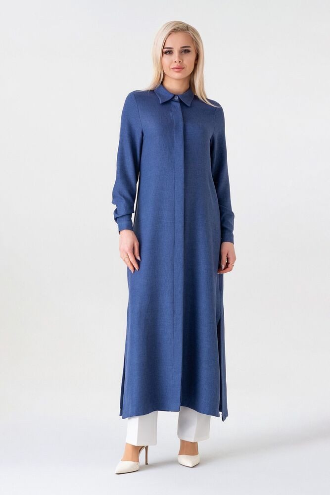 fashionshowcase Longtunika Damen lange Tunika verdeckte Knopfleiste Modest elastisch elegant minimalistischer Look, fließender Fall, ideal für Modest Outfits