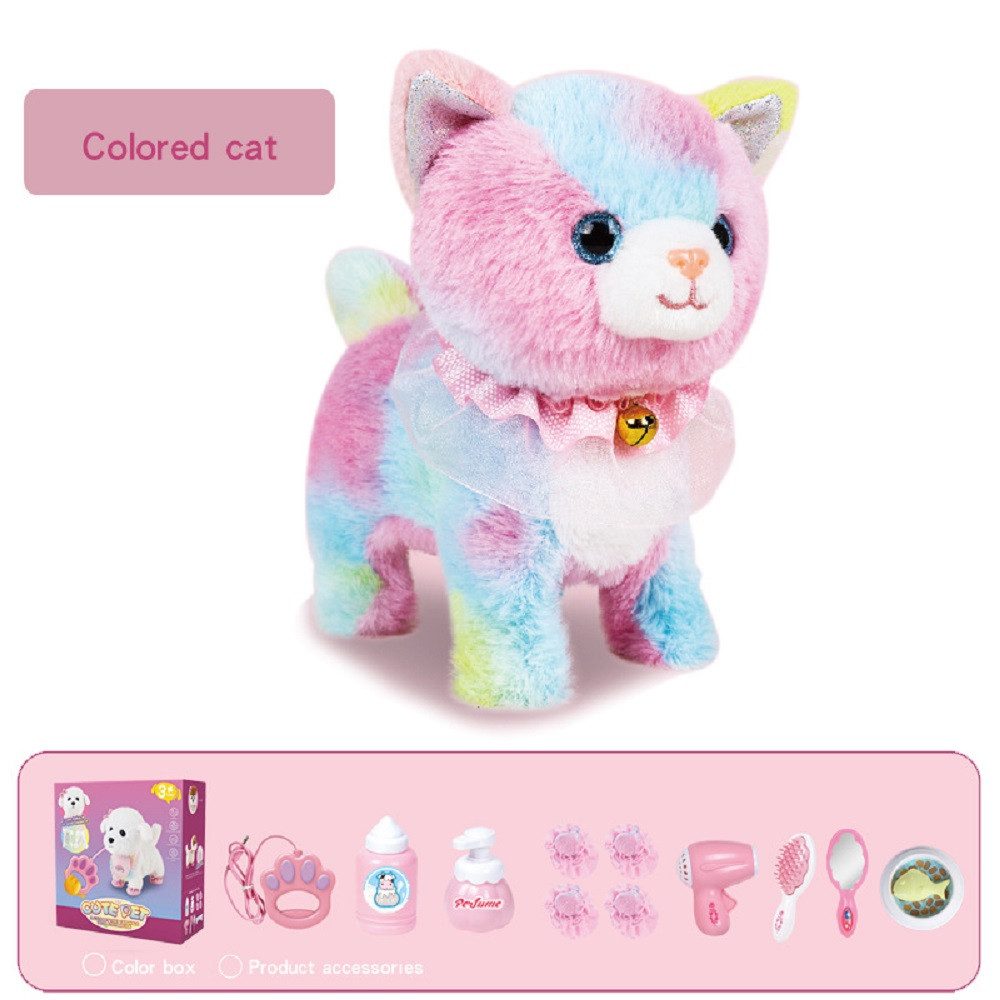 AURIVION Kuscheltier Elektronisches Plüschkätzchen mit Fernbedienung (Set, 8-St., Kuscheltier Katze als Geschenk & Spielzeug für Kinder), Plüschkatze mit Leine für interaktiven Spielspaß
