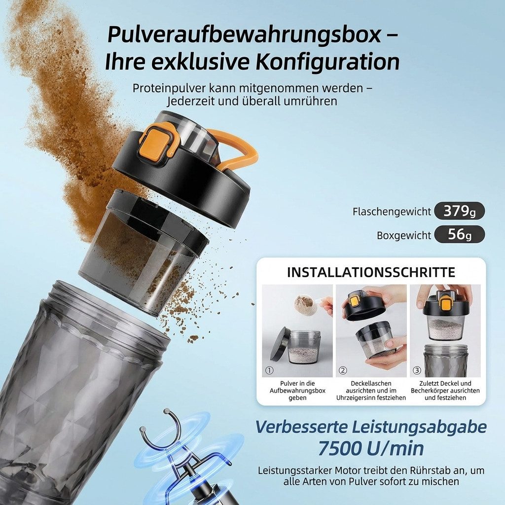 Vashoy Elektrischer Shaker Protein Shaker Elektrisch mit Pulverfach,650ml-Sportbecher, 3 W, BPA-frei, Drehzahl 7500rpm, für Potein Pulver und Milchshake