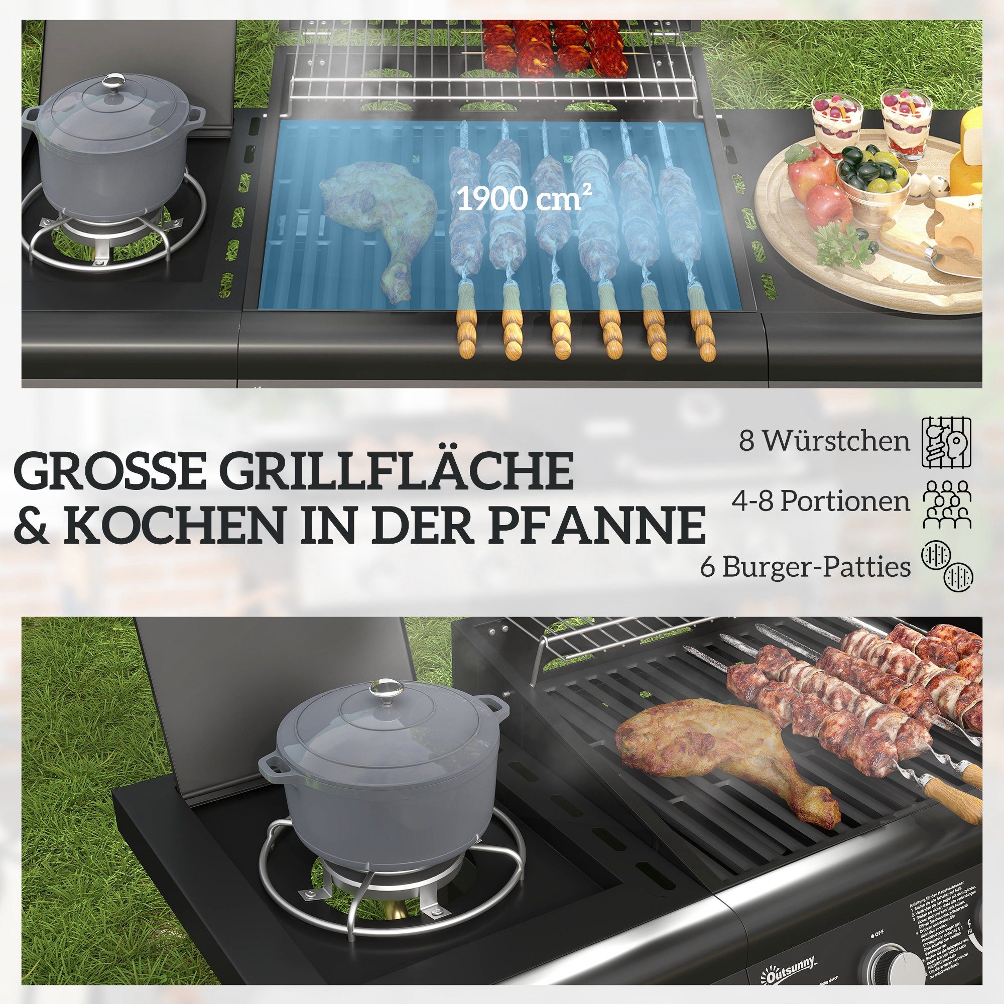 Outsunny Gasgrill BBQ inkl Rolle Seitenbrenner Thermometer Gas-Grill, 12,2 KW Gas-Grill, Grillwagen aus Edelstahl, für Balkon Camping 118,5 x 56 x 110 cm – Bild 4 von 5