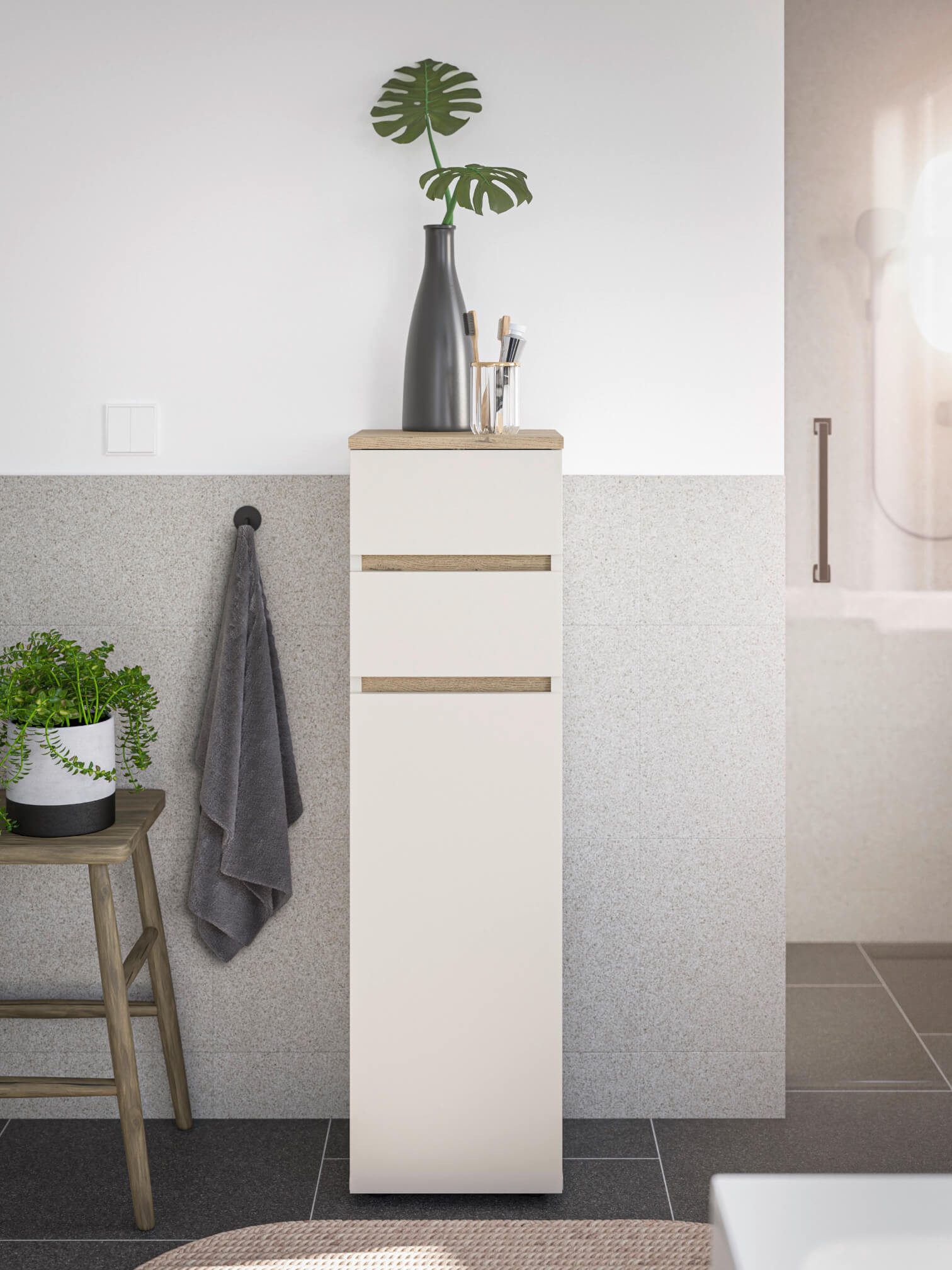 moebel-dich-auf Badkommode LONDRES (Badezimmerschrank Badschrank, mit 1 Tür und 2 Schubkästen, BxH 30x108 cm), in kaschmir oder anthrazit, Absetzung: Cremona Ei – Bild 4 von 5