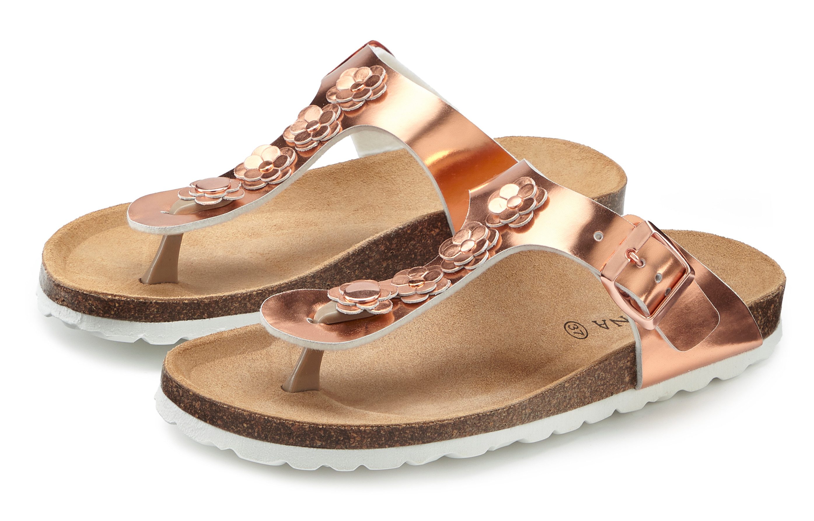 LASCANA Sandale, Pantolette, offener Schuh, Sommerschuh, Zehentrenner mit komfortablem Korkfußbett. Reduzierter Preis € 59,99. Unverbindliche Preisempfehlung € 69,99