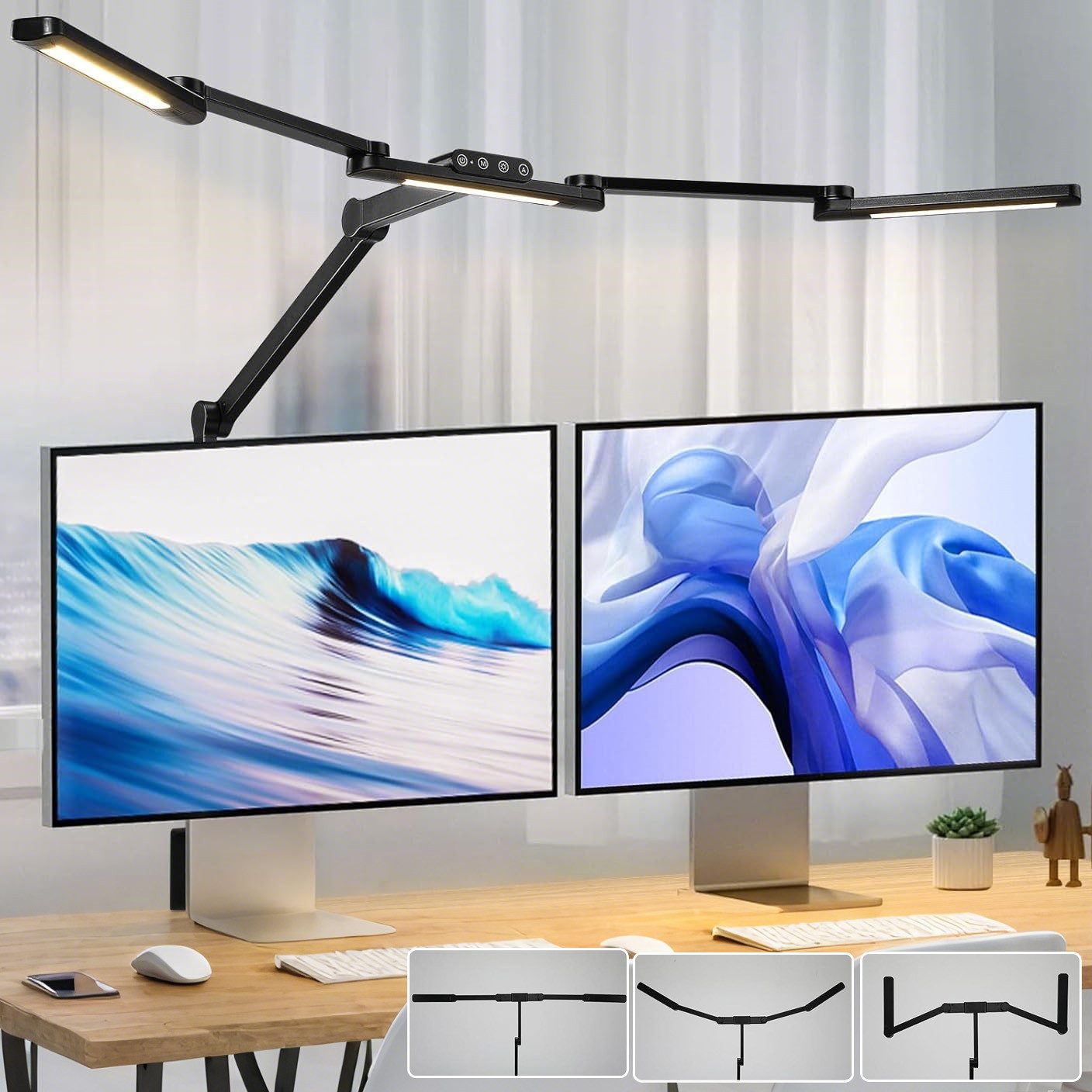 LMaxhome LED Schreibtischlampe Doppelkopf Tischleuchte mit Klemme Dimmbar Touch-Steuerung Augenschutz, 24W, LED fest integriert, 5 Farbtemperaturen(3000K-6500K), 5 Helligkeitsstufen, Groß Architekt Leselampe für Büro,Arbeit,Studium