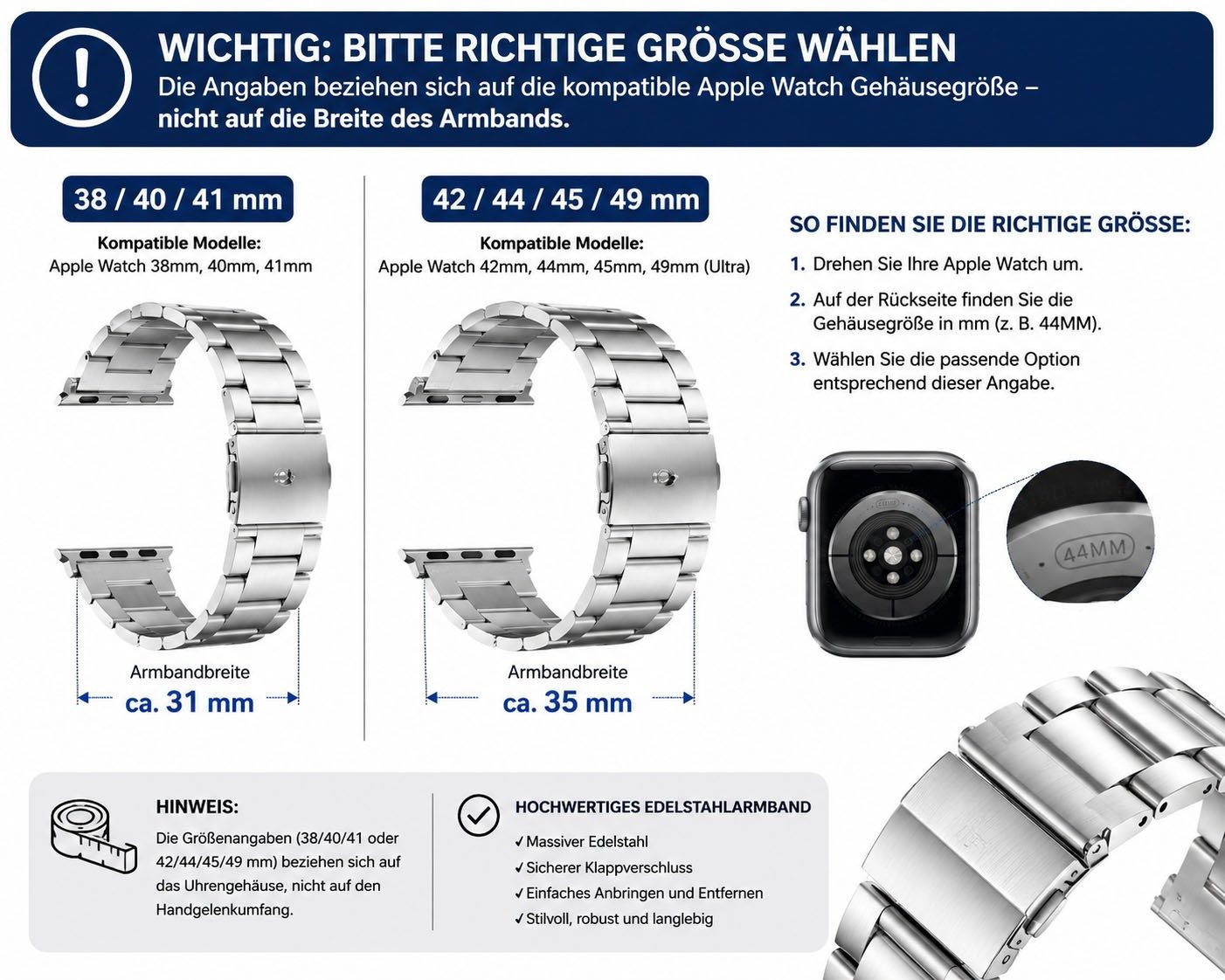 KALAY Uhrenarmband Kalay Edelstahl Metall Armband Für Apple Watch 2 3 4 5 6 7 8 SE, Edelstahl Metall Armband Für Apple Watch 2 3 4 5 6 7 8 SE