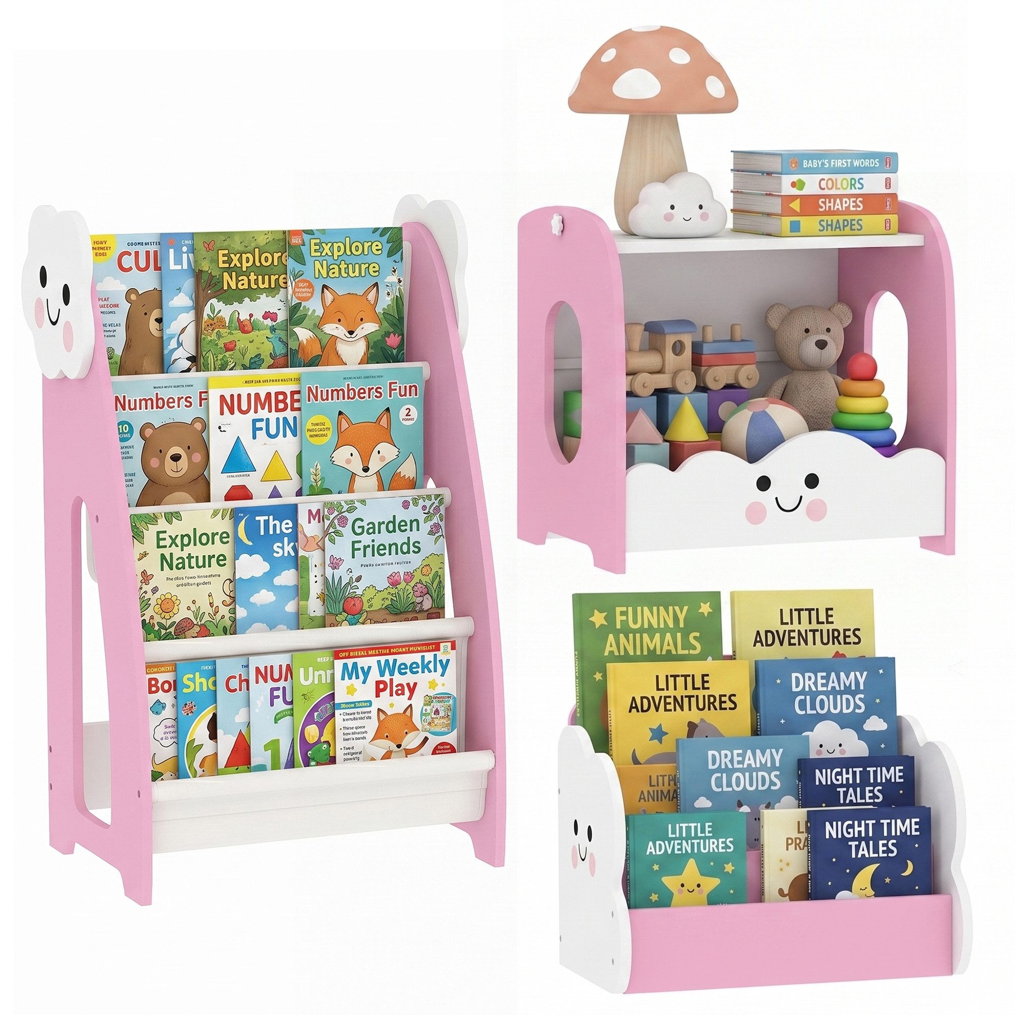 AIYAPLAY Kinderregal Bücherregal Spielzeugaufbewahrung Nachttisch, Set 3-tlg., für Spielzimmer Kinderzimmer 85,5 x 32 x 72 cm Rosa