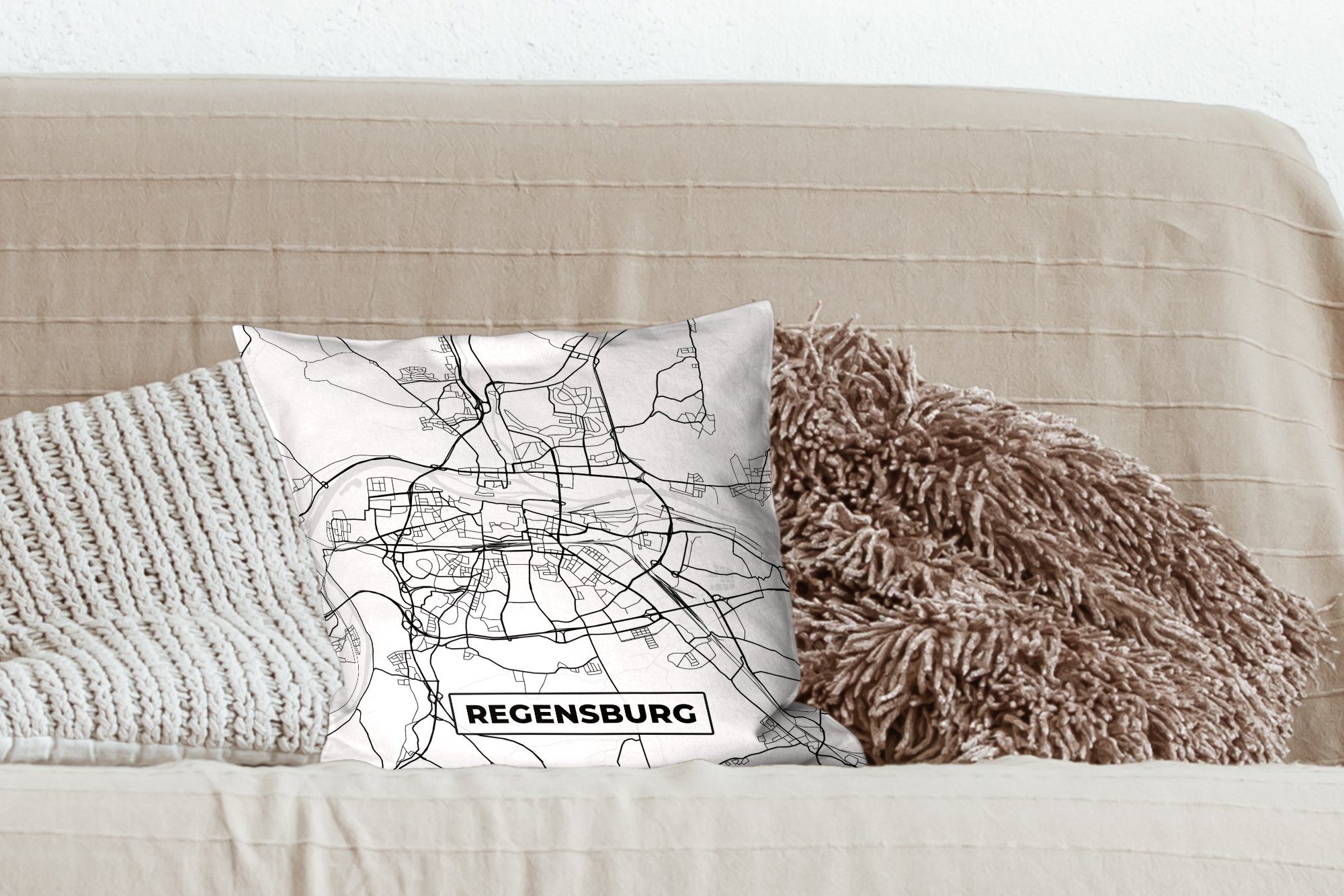 MuchoWow Dekokissen Füllung Deko, Wohzimmer, Schlafzimmer, Sofakissen mit für - Regenburg Karte Stadtplan, - Zierkissen
