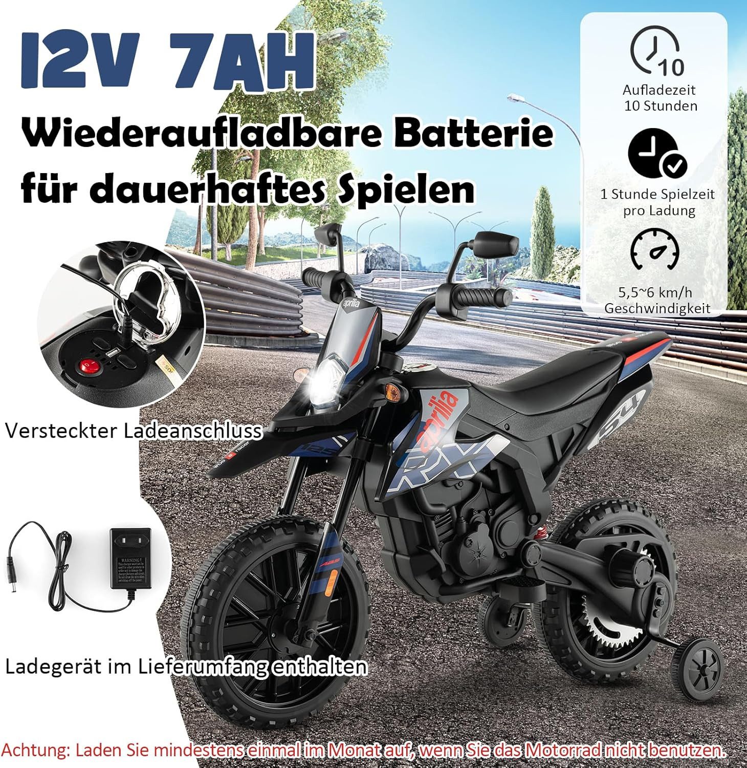 KOMFOTTEU Elektro-Kindermotorrad, mit 2 Stützrädern, Scheinwerfer, Musik