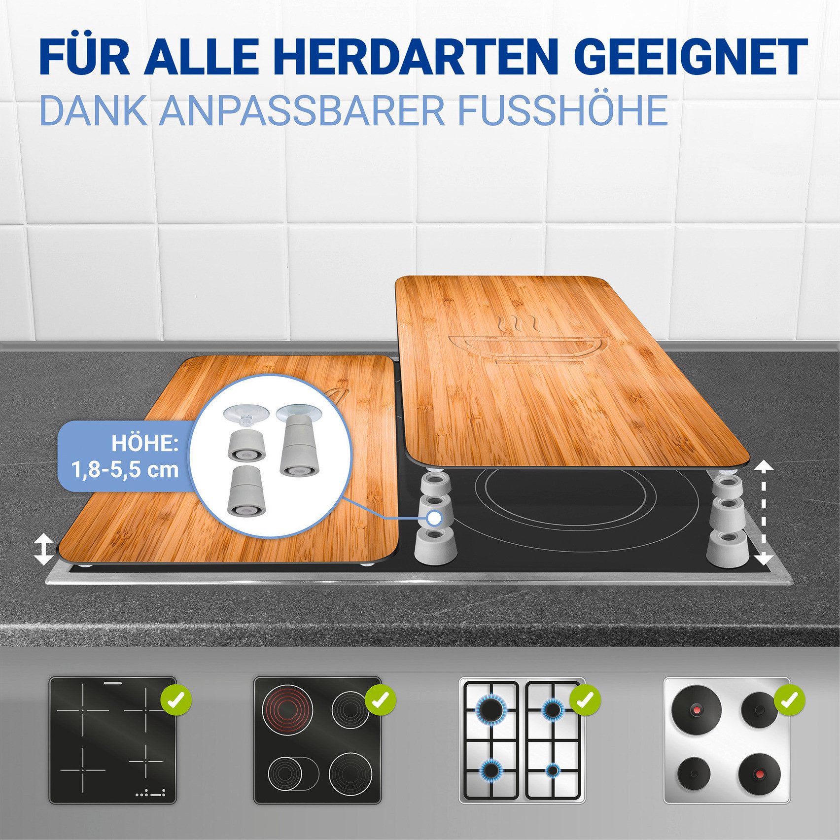 WENKO Herd-Abdeckplatte Universal Modell Lunch, Glas, (Set, 2 tlg), Herdabdeckung für alle Herdarten, kratzfest, mit rutschfesten Füßen