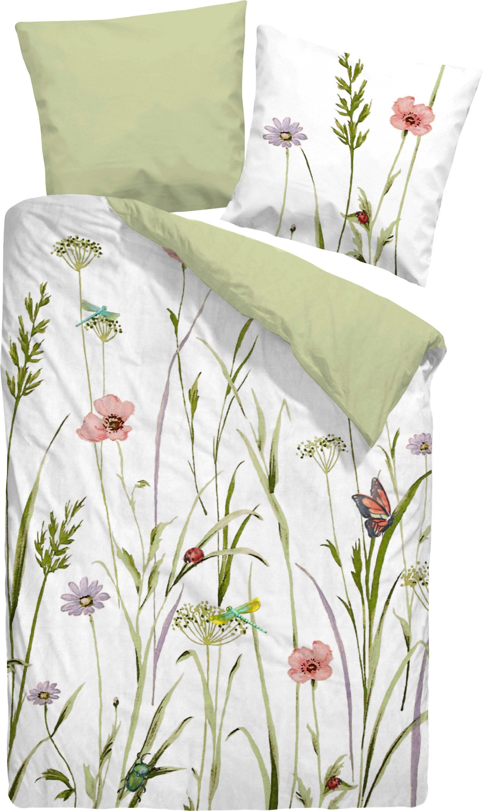 Dormisette Wendebettwäsche Blumenwiese, Mako-Satin, mit Blumen