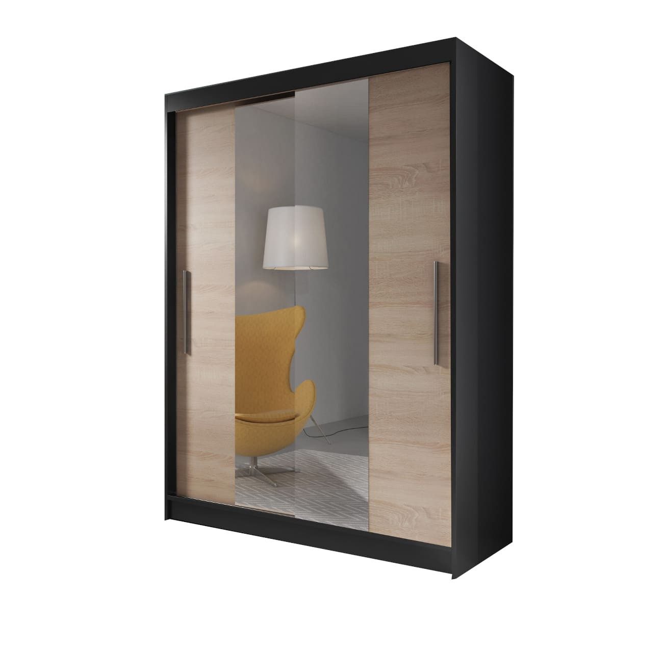 MOEBLO Kleiderschrank LARA 01 (mit Spiegel Schwebetürenschrank 2-türig Schrank mit vielen Einlegeböden und Kleiderstange, Gaderobe Schiebtüren Schlafzimmer-Wohnzimmerschrank Modern Design) (BxHxT): 150x200x61 cm