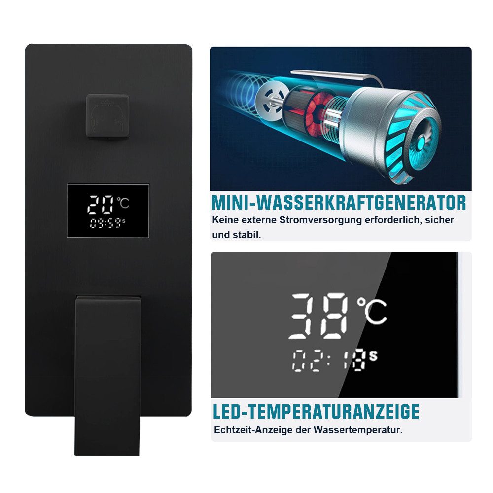 XIIW Duscharmatur Unterputz Duschsystem Schwarz Duschset 30x30cm Regendusche Komplettset (mit Temperatur LCD Display, Messing & Edelstahl, Keramik Ventilkern, 1 – Bild 4 von 5