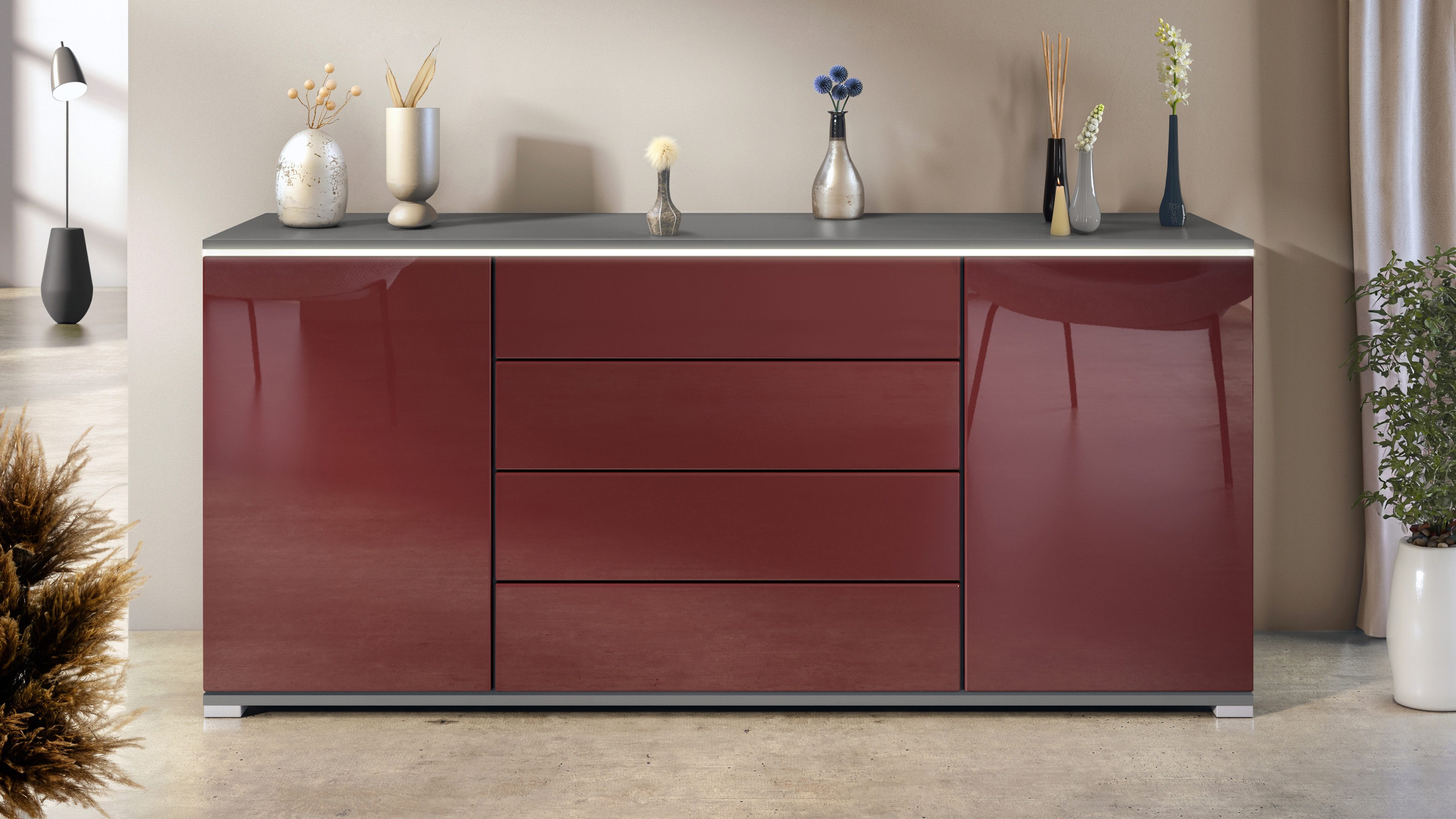 Vladon Sideboard Faro V2 (Kommode mit 2 Türen & 4 Schubladen, Schrank mit LED Lichtleiste), Anthrazit matt / Bordeaux Hochglanz (166,5 x 75,5 x 35)