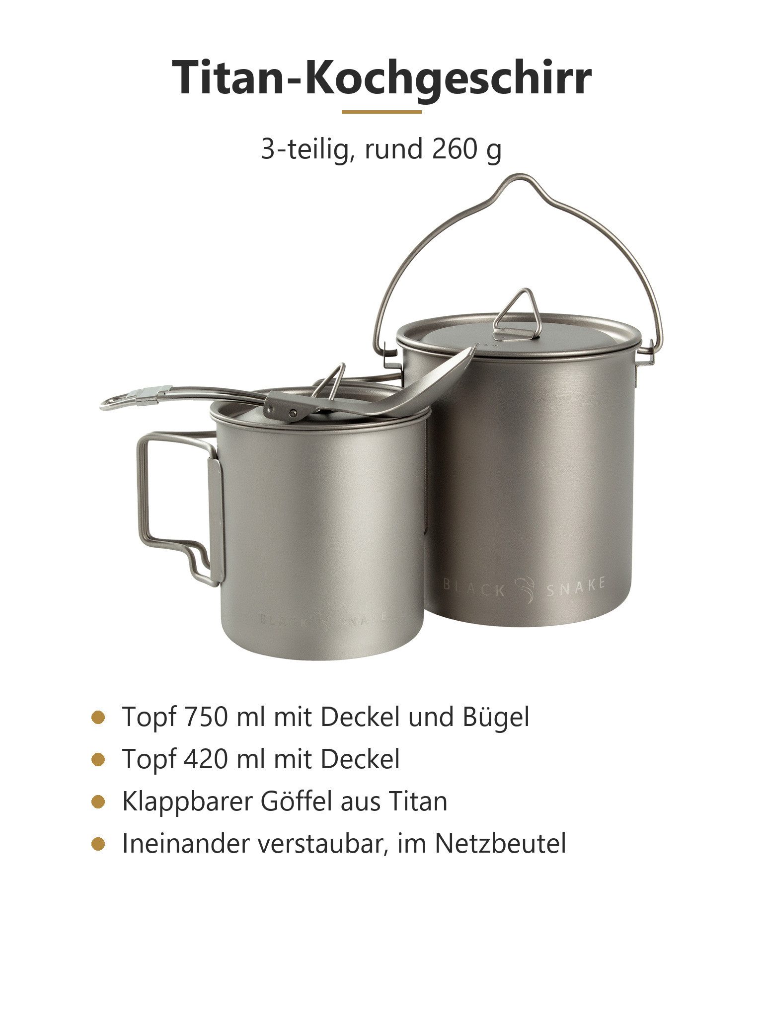 Black Snake Geschirr-Set Ultraleichtes Camping Kochgeschirr mit Topf und klappbarem Göffel (3-tlg), Titan, Rostfrei und geschmacksneutral mit Klappgriffen und M – Bild 3 von 5