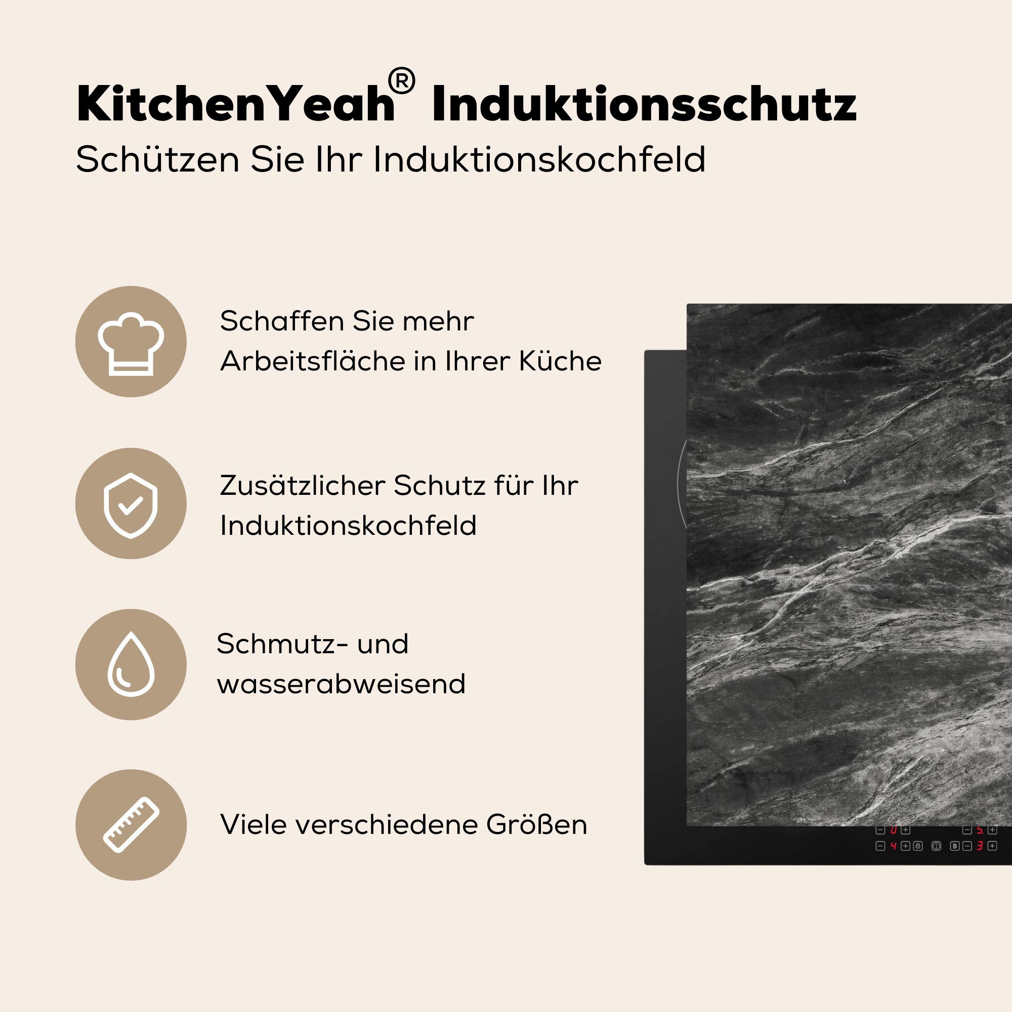 MuchoWow Herdblende-/Abdeckplatte Marmor - 78x78 (1 für küche - Vinyl, Schwarz Arbeitsplatte Stein Weiß, tlg), cm, - Ceranfeldabdeckung