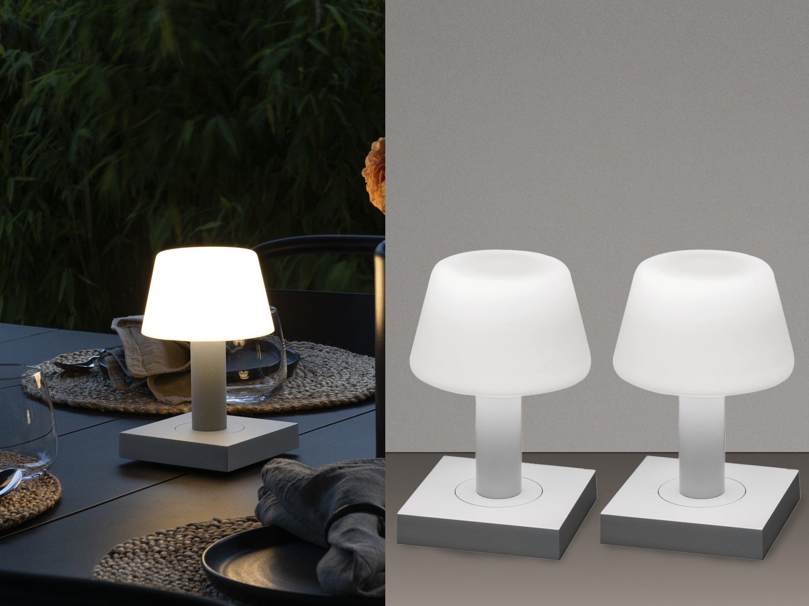KONSTSMIDE LED Außen-Tischleuchte, USB-Anschluss mit Ladefunktion, LED fest integriert, warmweiß, 2er Set kleine ohne Kabel & Strom Nachttischlampe Touch dimmbar H 19cm