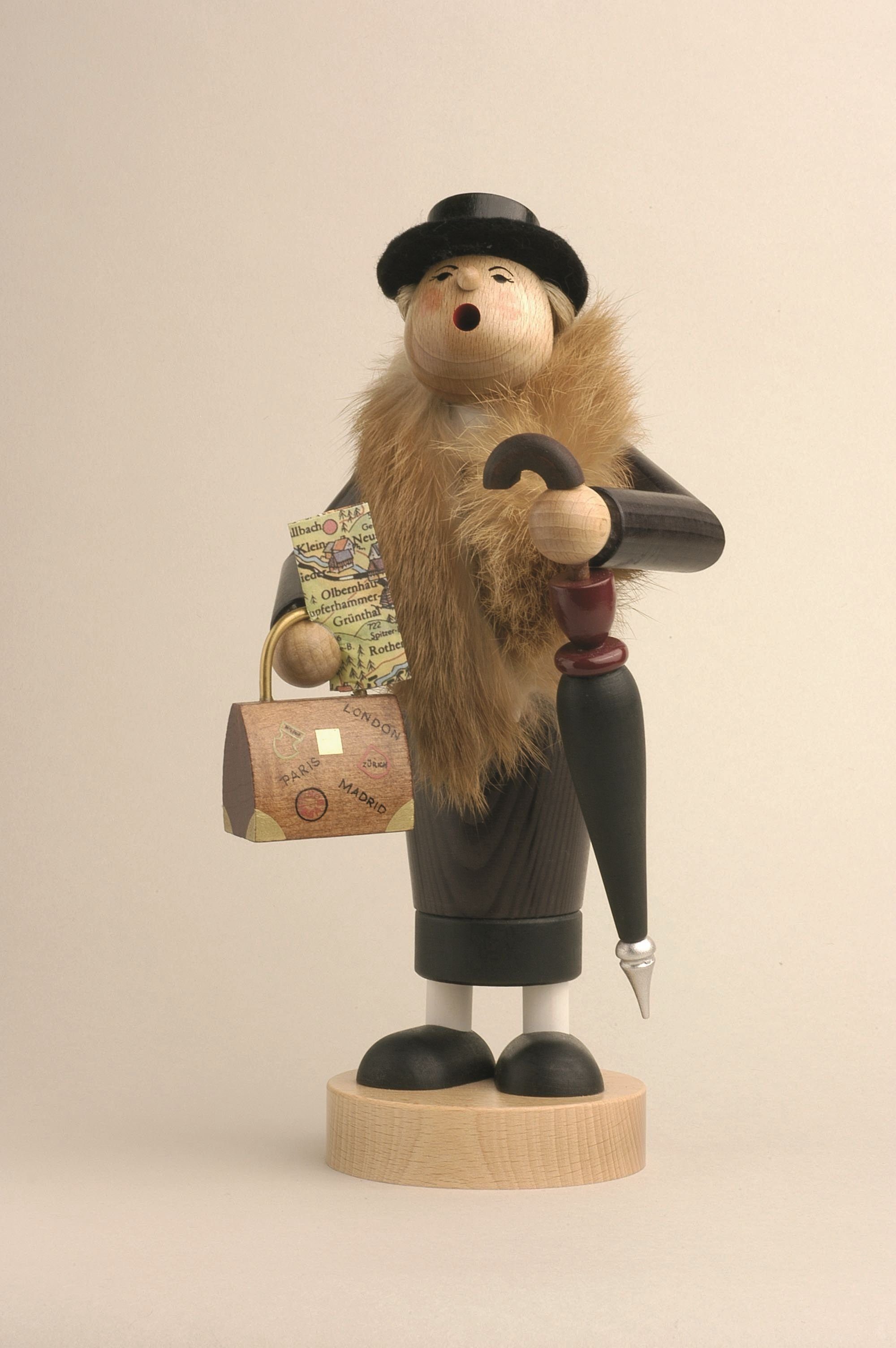 KWO Kunstgewerbe Werkstätten Räuchermännchen Räuchermann Reisetante mit Schirm BxTxH= 12x10x24cm NEU