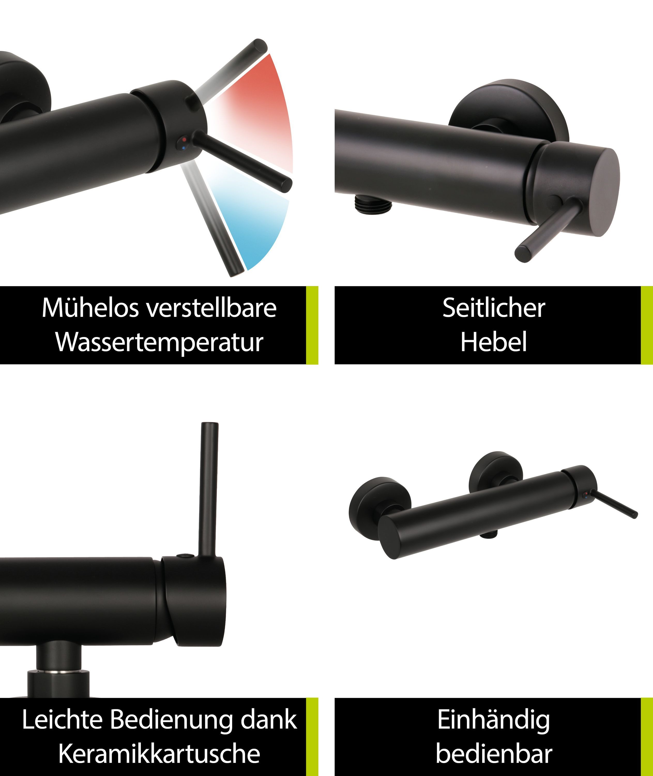 aquaSu Duscharmatur Lago 2.0 Schwarz, Stickgriff, Wassersparfunktion, Keramikkartusche