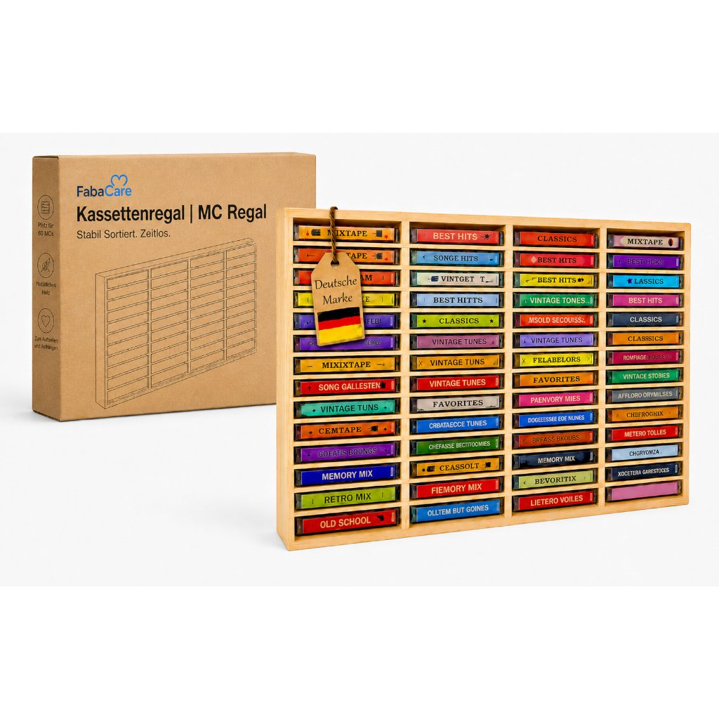 FabaCare CD-Regal MC Regal aus Holz für 60 Kassetten, Kassettenregal