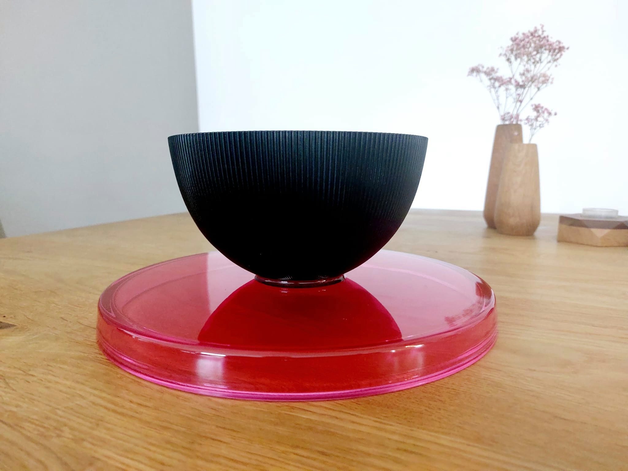 meytrade Dekoschale doppelseitig wendbar aus Glas pink, runde Obstschale & Kerzenständer, Wendeschale aus Glas als Wohndeko in pink schwarz