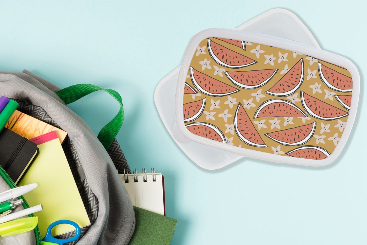 MuchoWow Lunchbox weiß Erwachsene, für - Jungs Kinder Brotdose, und - (2-tlg), und Sommer für Wassermelone, Kunststoff, Sterne Brotbox Mädchen
