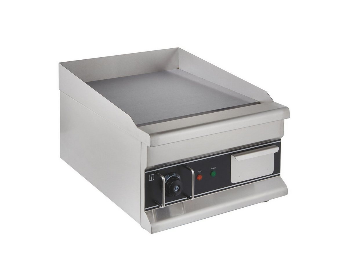 GastroHero Elektrogrill Elektro Grillplatte glatt 410 mm 2,5 kW Tischgerät Edelstahl, 2500 W, Fettfangrinne, Spritzschutz, frontseitige Bedienelemente