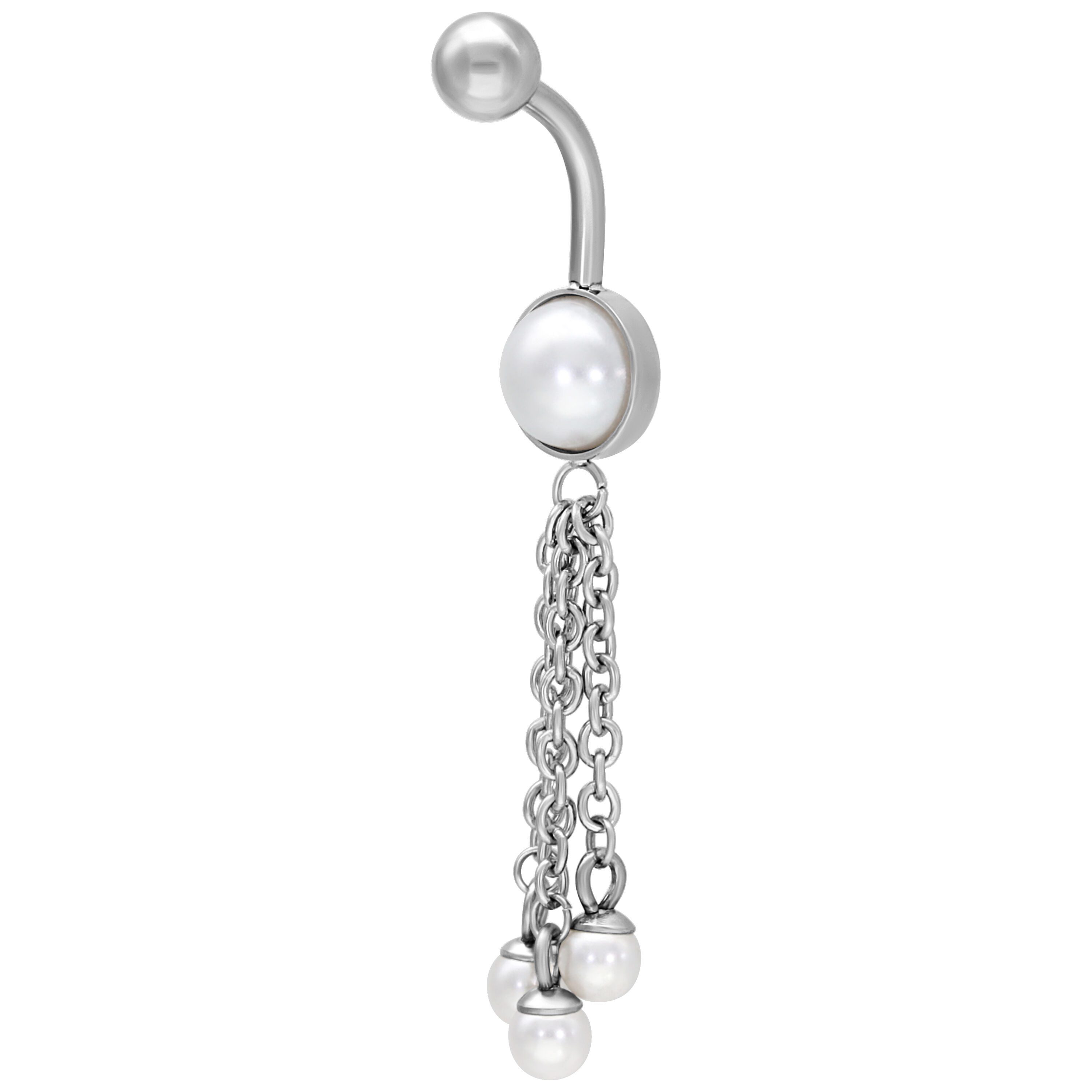 Wildcat Bauchnabelpiercing Dangling Synthetic Pearl Bananabell für Bauchnabel, 1 Stück, Chirurgenstahl 316L - wasserfest, hautverträglich, Silber