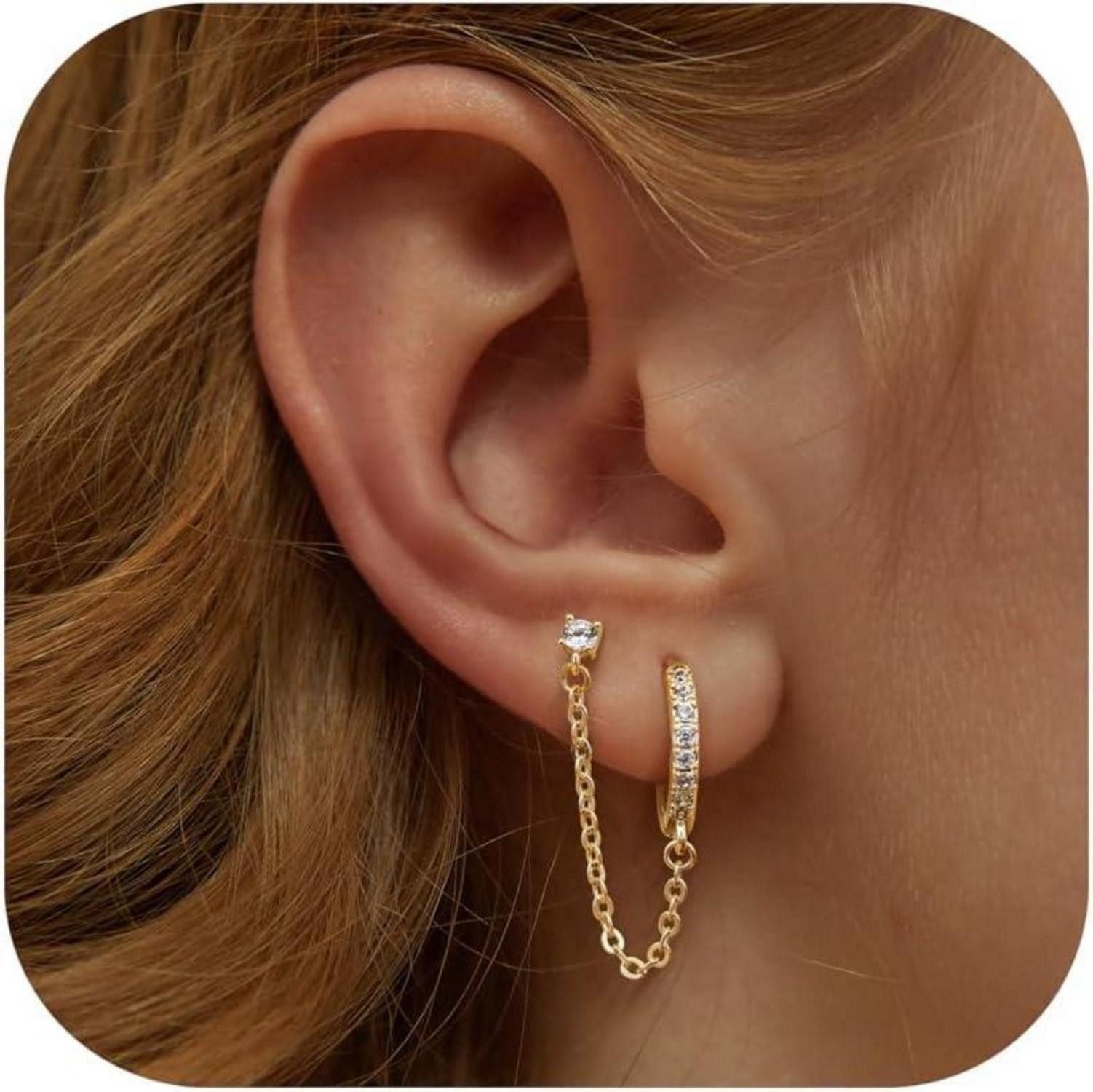 Schmuckset Ohrringe Silber 925 Zirkonia Doppel Piercing Ohrstecker Creolen Kette