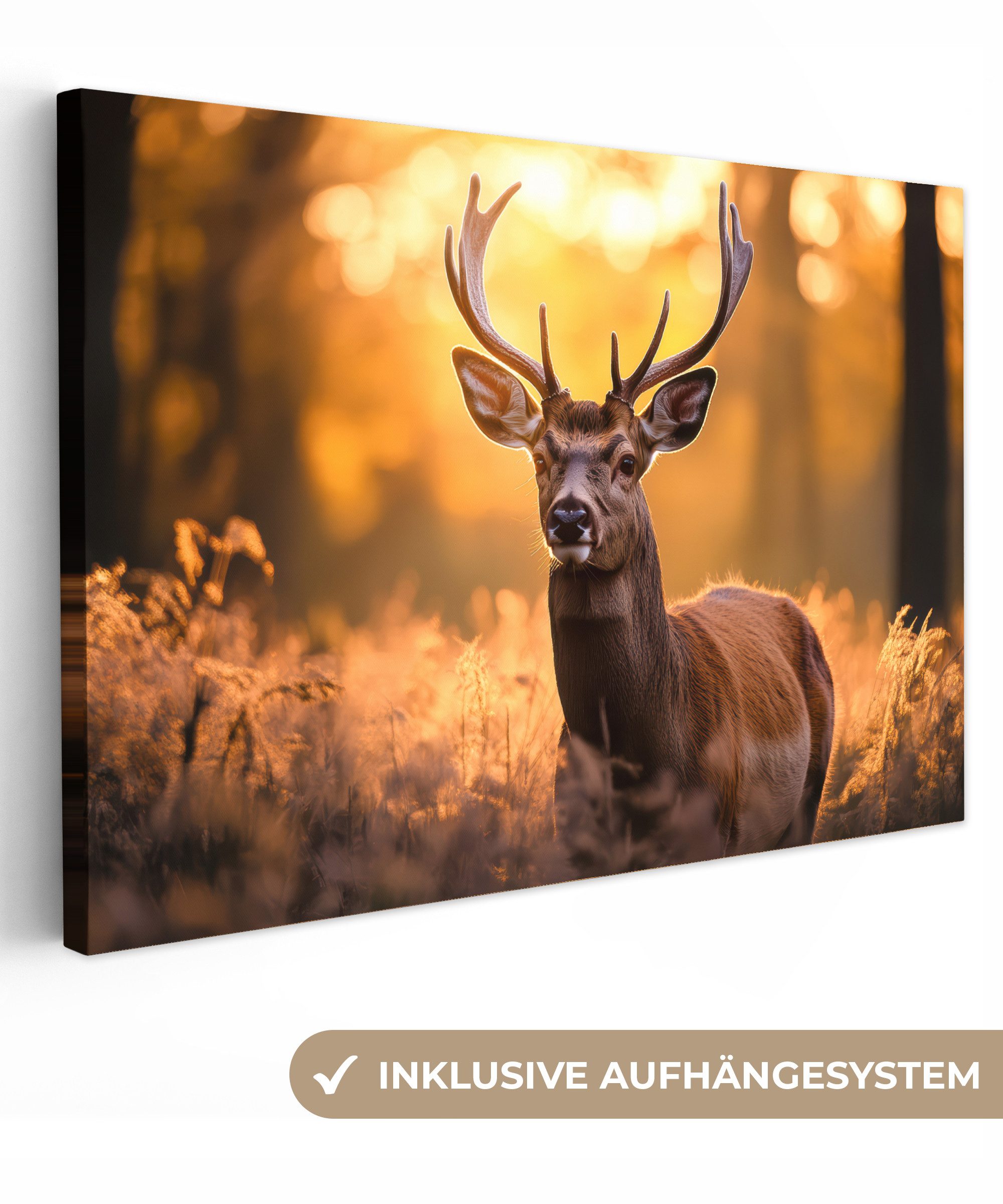 OneMillionCanvasses® Leinwandbild Hirsch - Geweih - Herbst - Wald - Braun - Natur - Waldtiere, Fotodruck (1 St), Leinwand Bilder Klein, Wand Dekoration Aesthetic 30x20 cm