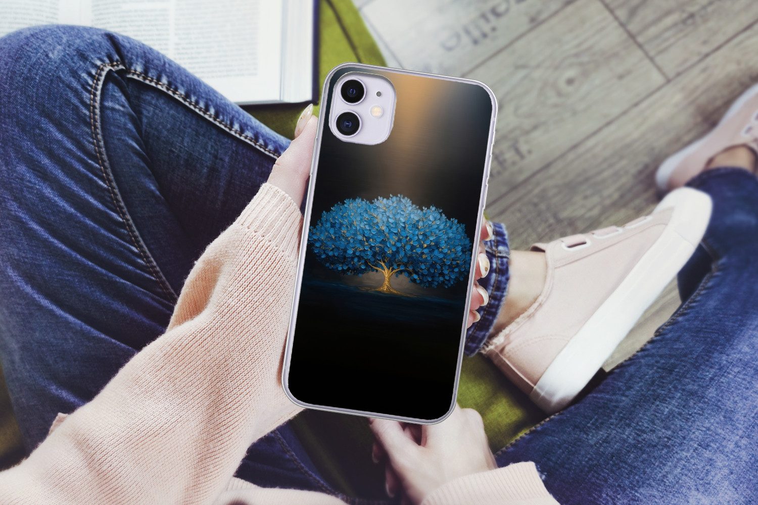 MuchoWow Handyhülle für Apple iPhone 11 Baum - Blau - Blätter - Pinselstriche, Smartphone-Bumper, Print, Handy Schutzhülle Dünn
