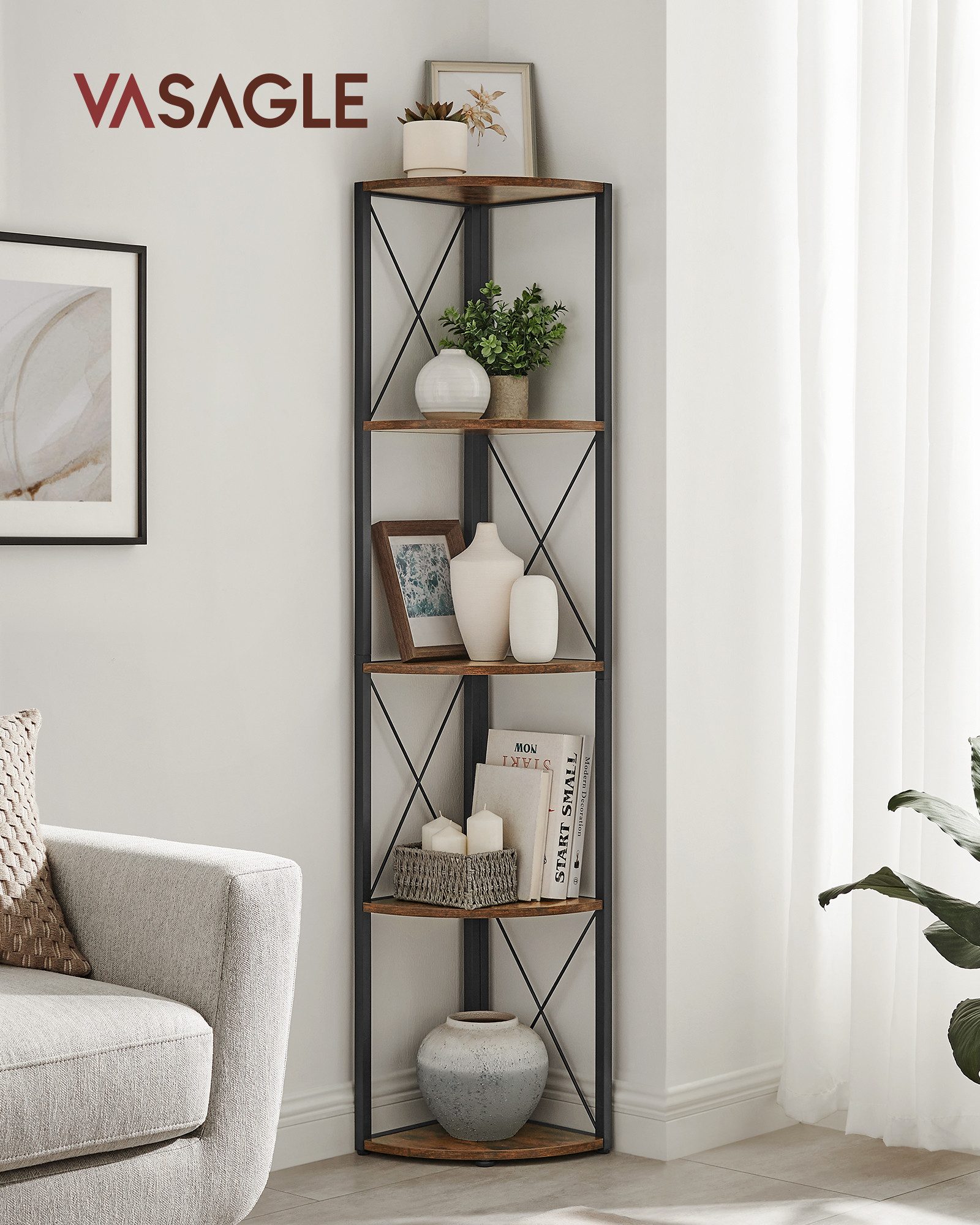 VASAGLE Eckregal Bücherregal, mit 5 Ebenen, Standregal, 30 x 30 x 160 cm