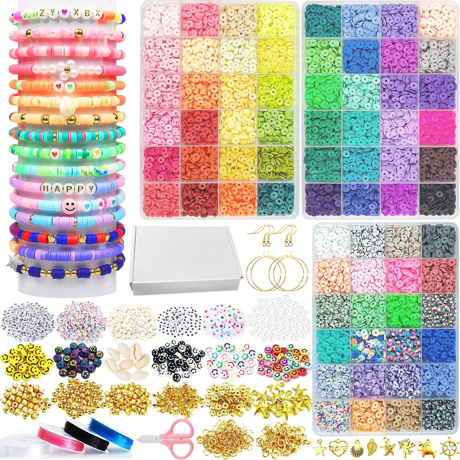 SURFOU Kreativset 72 Farben 11520 Stück Perlen Set – Polymer Clay Beads für Schmuck DIY, (Armbänder selber machen, Perlen zum Auffädeln, DIY Set Erwachsene, Basteln Erwachsene, Perlen Set, Schmuckherstellung Kit für Ringen Halsketten Geschenk, Erwachsener, Großes Armband- & Schmuckset mit 72 Farben, 11520 Tonperlen und reichhaltigem Zubehör, 1-tlg., mit Buchstabenperlen, Deko-Perlen, Perlennadeln, elastische Kordeln), ideal zum Basteln von Armbändern, Ketten für Kinder und Erwachsene