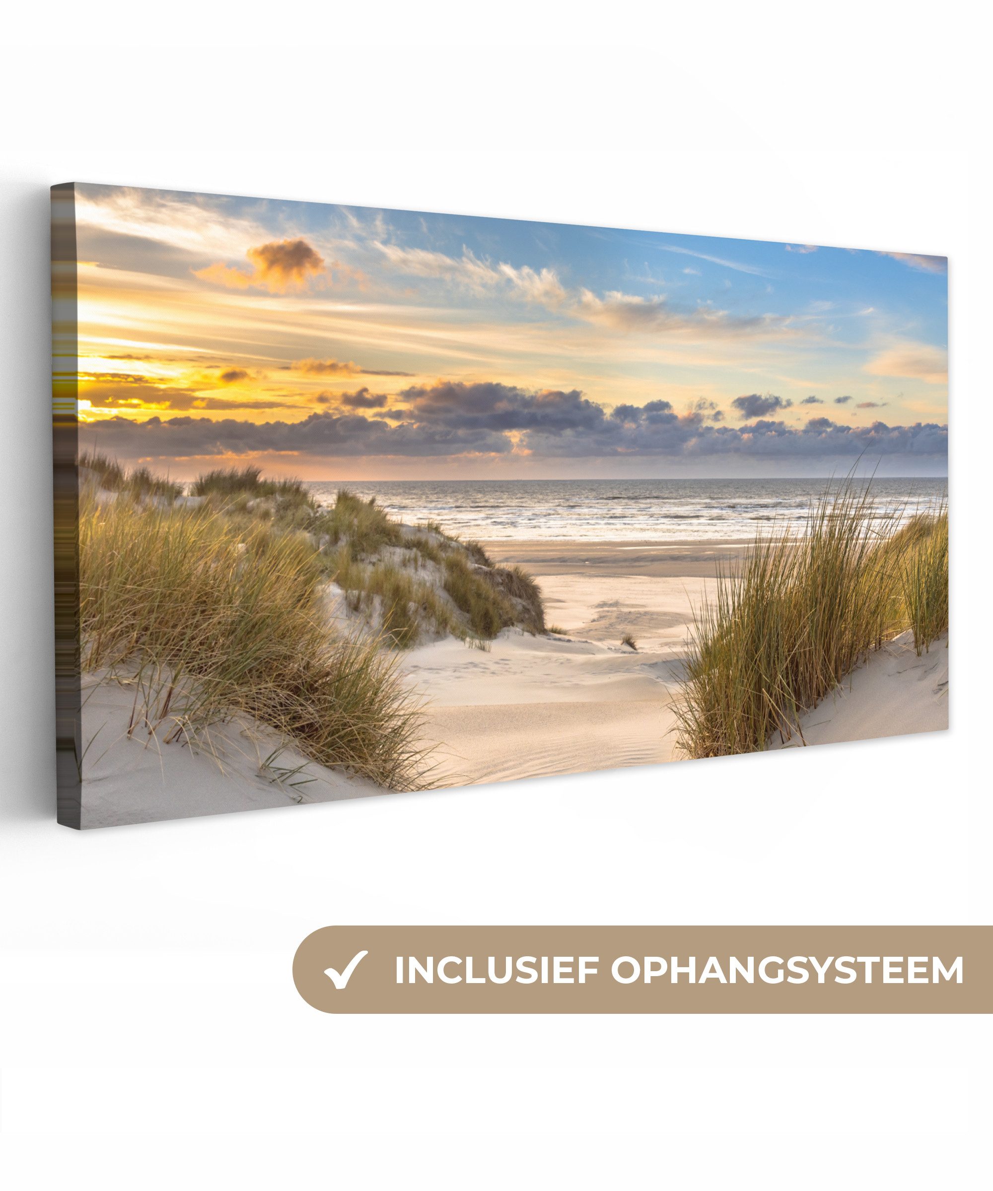 OneMillionCanvasses® Leinwandbild Panorama Strand - Düne - Gras - Sonnenuntergang - Meer, Fotodruck (1 St), Wandbild, Deko Schlafzimmer Wohnzimmer Flur 40x20 cm