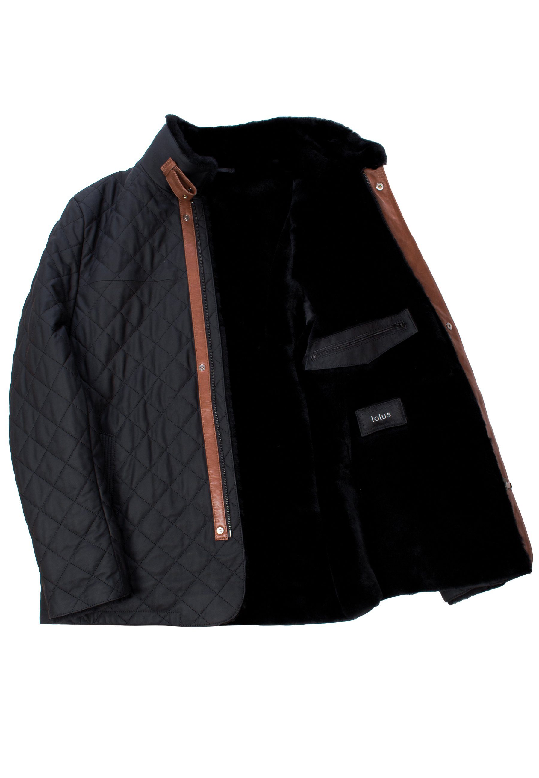 Lolus Lederjacke Leno Lammfell Schwarz Braun Hochwertige Winter Echtleder Steppjacke mit weichem Lammfell Futter