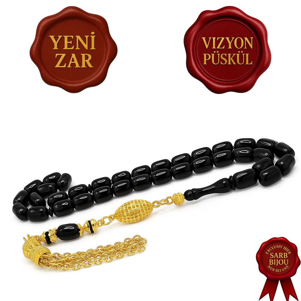 M-Punkt24 Kettenanhänger Tesbih Tespih (Schwarz, Siyah, Kapsül, 7x11mm, Kapsül, Gebetskette, Subha, Misbah, inkl. Etui), Vizyon Püskül Gold-Farbig
