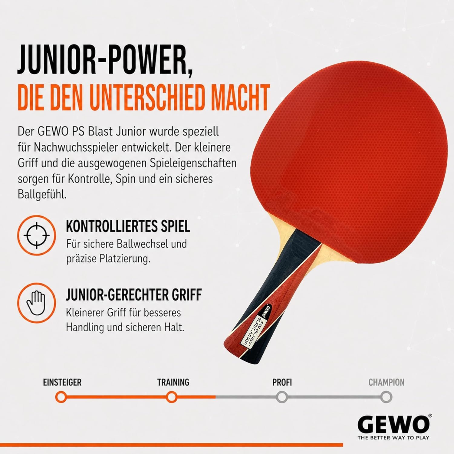 Gewo Tischtennisschläger PS Blast Junior - Jugendliche - ITTF Belag - 1,8mm Schwamm- konkav