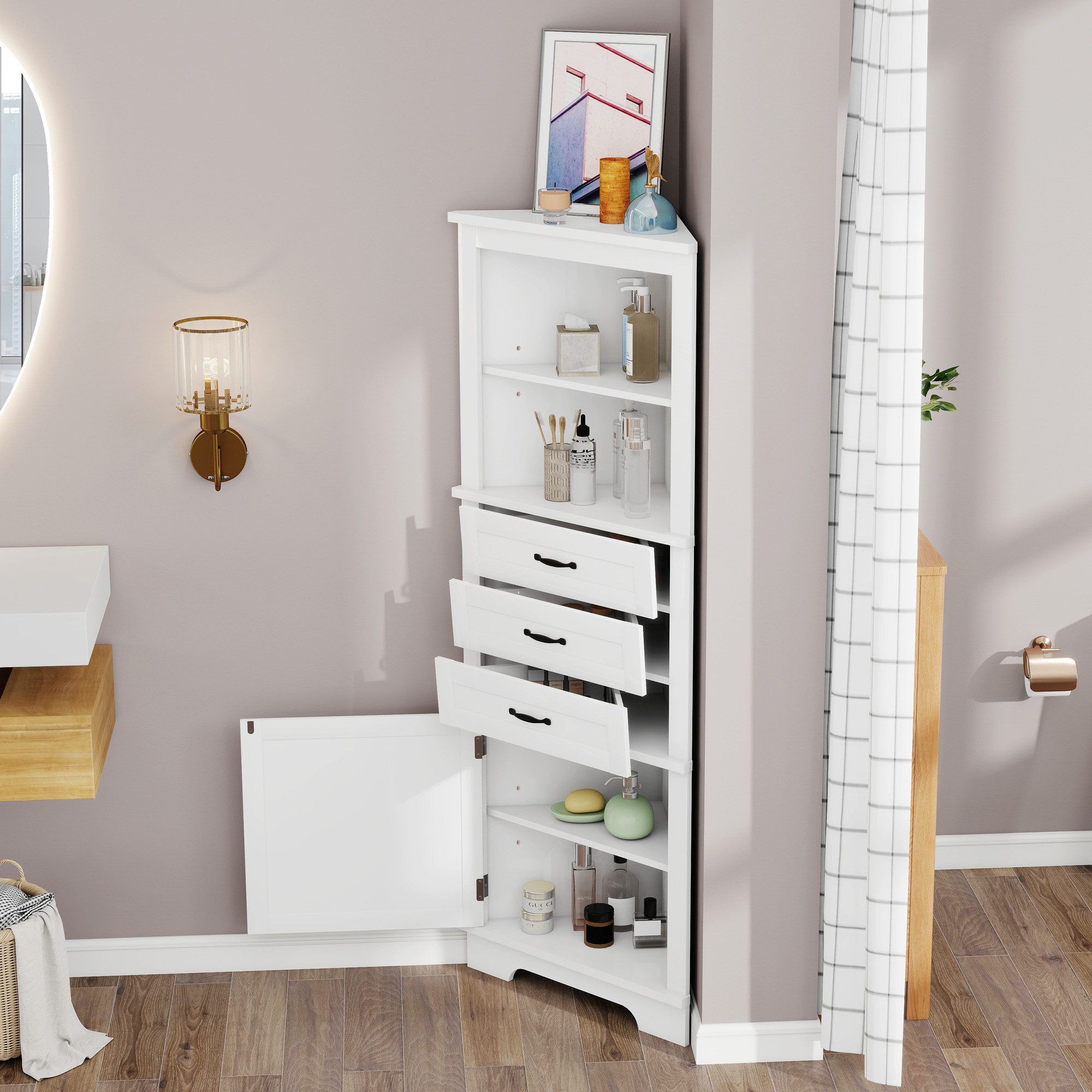 Flieks Eckschrank Badkommode Hochschrank mit 3 Schubladen und verstellbaren Einlegeböden (1-St., 57,7×46×167,5 cm) Badezimmerschrank Mehrzweckschrank Eckregal mit 4 Fächern Weiß