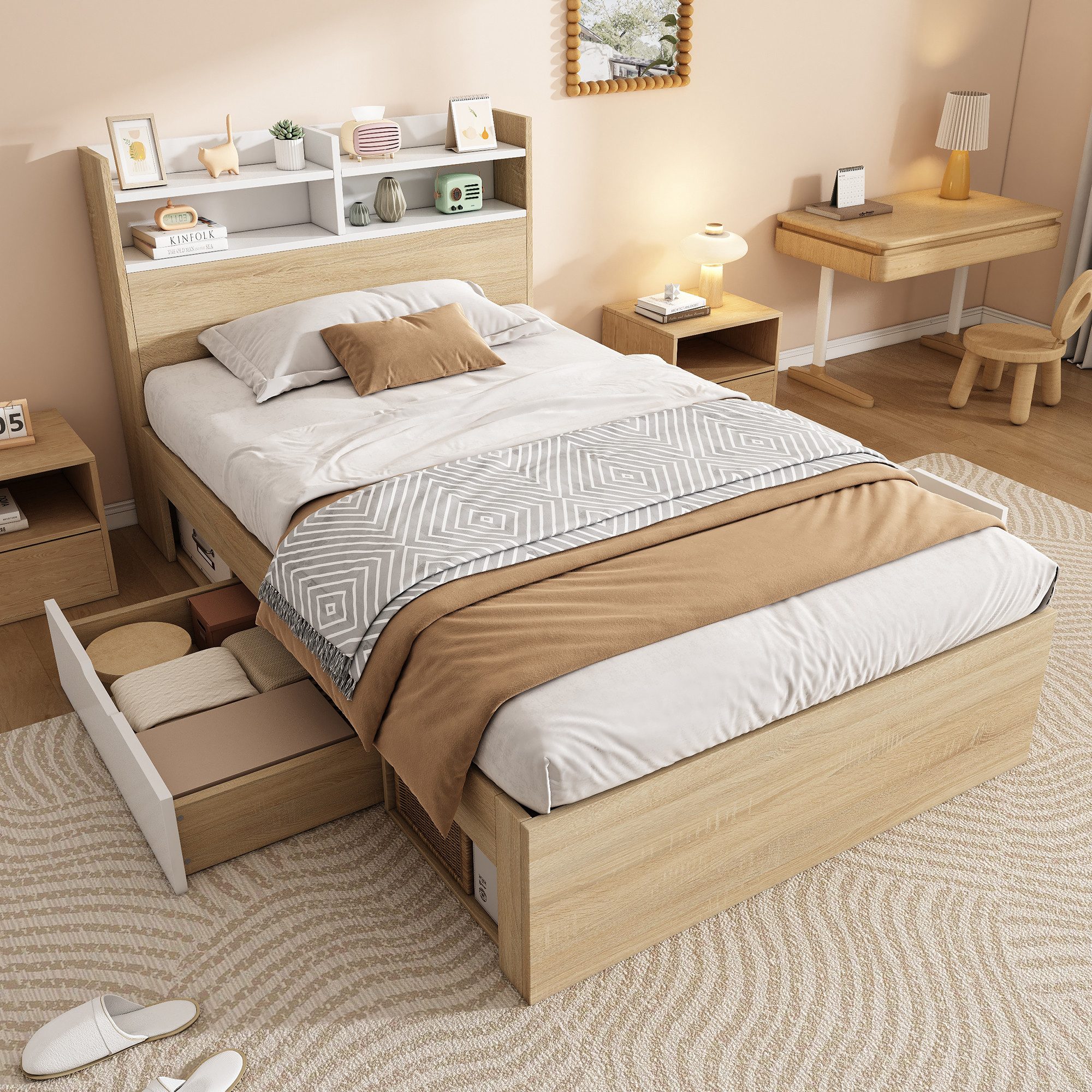 BlingBin Kinderbett Einzelbett Jugendbett Holzbett Stauraumbett (1-tlg., mit Kopfteil-Ablage, 2 Schubladen & offenen Fächern), teilweise Massivholz, 90 x 190 cm, ohne Matratze, Weiß+Natur
