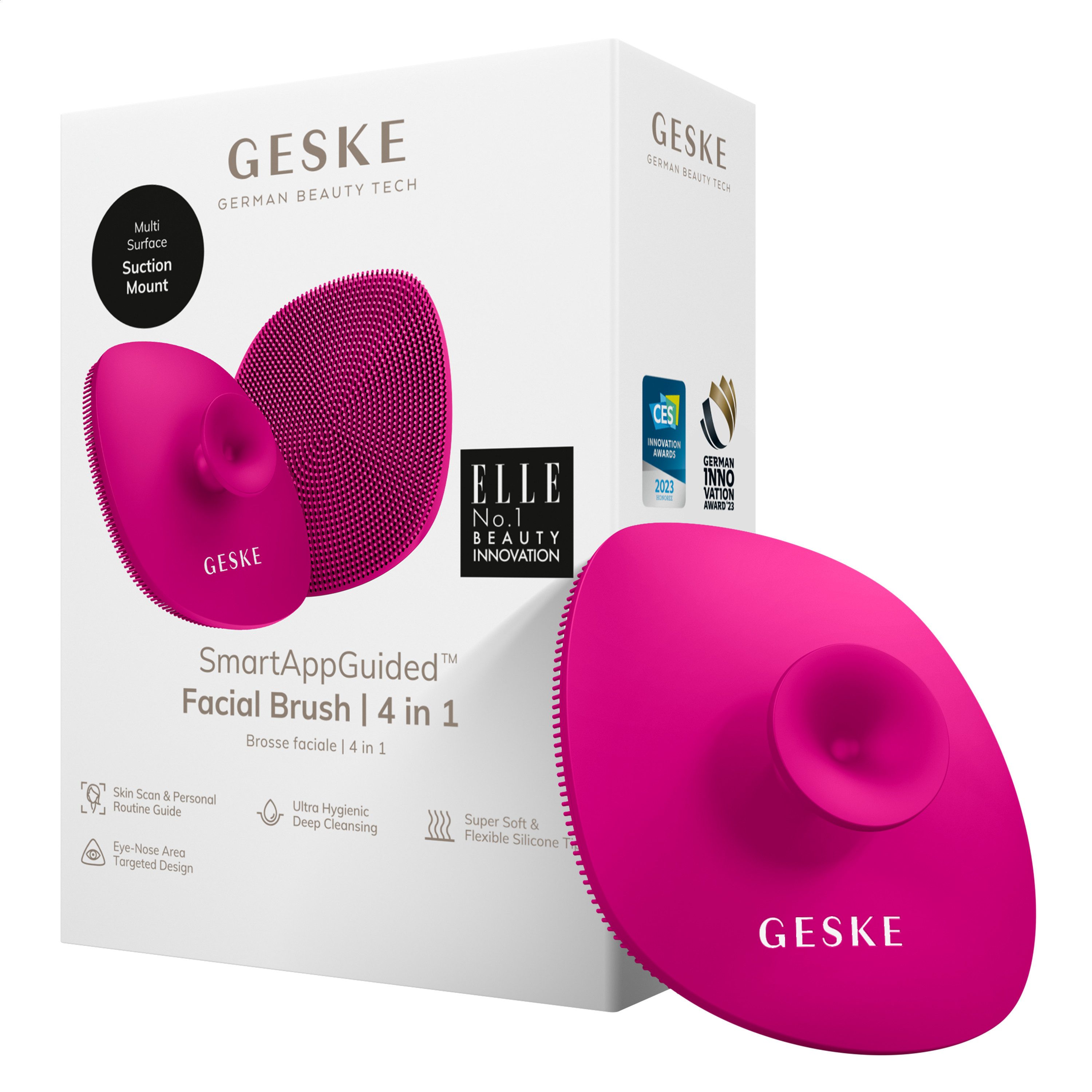 GESKE German Beauty Tech Elektrische Gesichtsreinigungsbürste SmartAppGuided™ Facial Brush 4 in 1, Packung, 1-tlg., inkl. kostenloser APP (SmartAppGuided Device), Mit der GESKE App erhältst Du deine personalisierte Hautpflegeroutine.