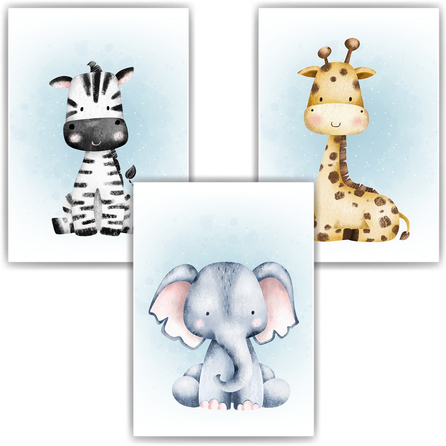 Tigerlino Poster Safari Tiere 3er Set Bilder Zebra Elefant Giraffe Kinderzimmer  Deko
