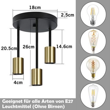 ZMH Deckenleuchte Industriedesign Hängend 3 Flammig Vintage Deckenlampe E27 Deckenspots, ohne Leuchtmittel, Schwarz-Gold