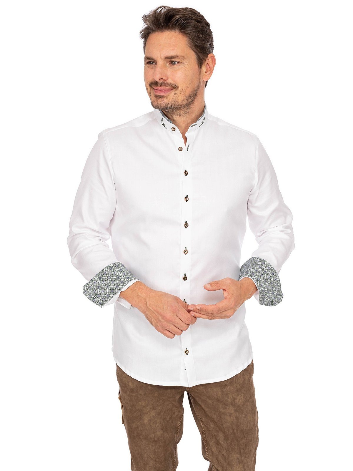 Gipfelstürmer Trachtenhemd oliv weiß Stehkragen Hemd 420000-4246-155 Fi (Slim