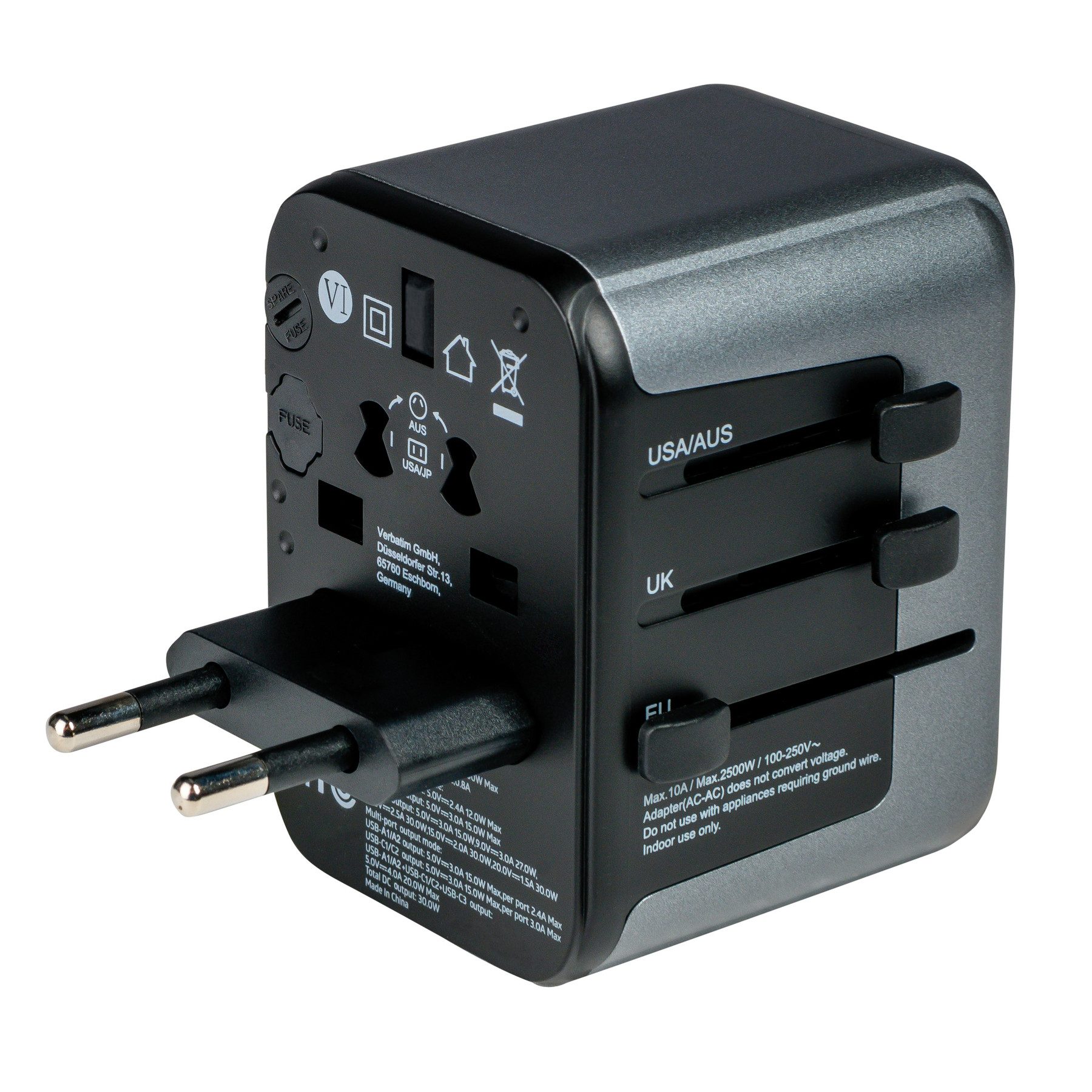 Verbatim VERBATIM Universal-Reise-Adapter UTA-03, 1x Stromstecker, 2x USB-A, 3x Reiseadapter