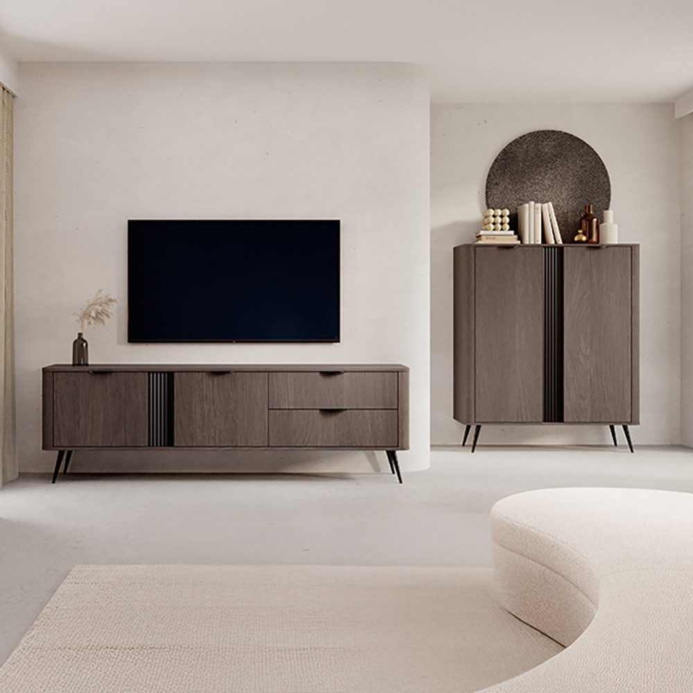 Lomadox Wohnzimmer-Set VOLTERRA-167, (Mega-Spar-Set, 2-St., TV-Lowboard Kommode), in Eiche mit schwarzem Rillendesign, Füßen und Griffen