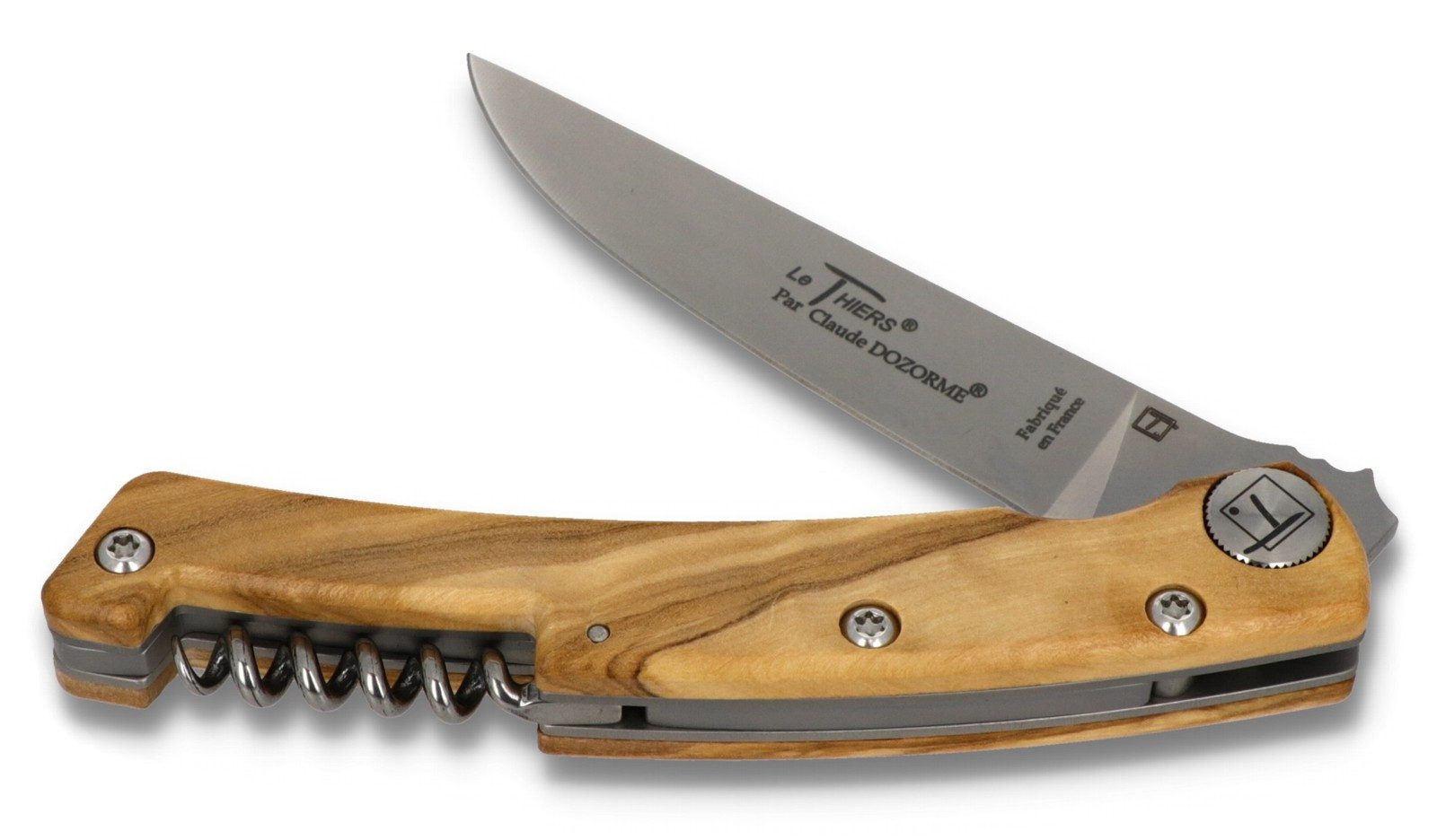 Claude Dozorme Taschenmesser 1.90.129.89L, Le Thiers - Griff 12cm Olive - Korkenzieher - Liner Lock - Stahl matt