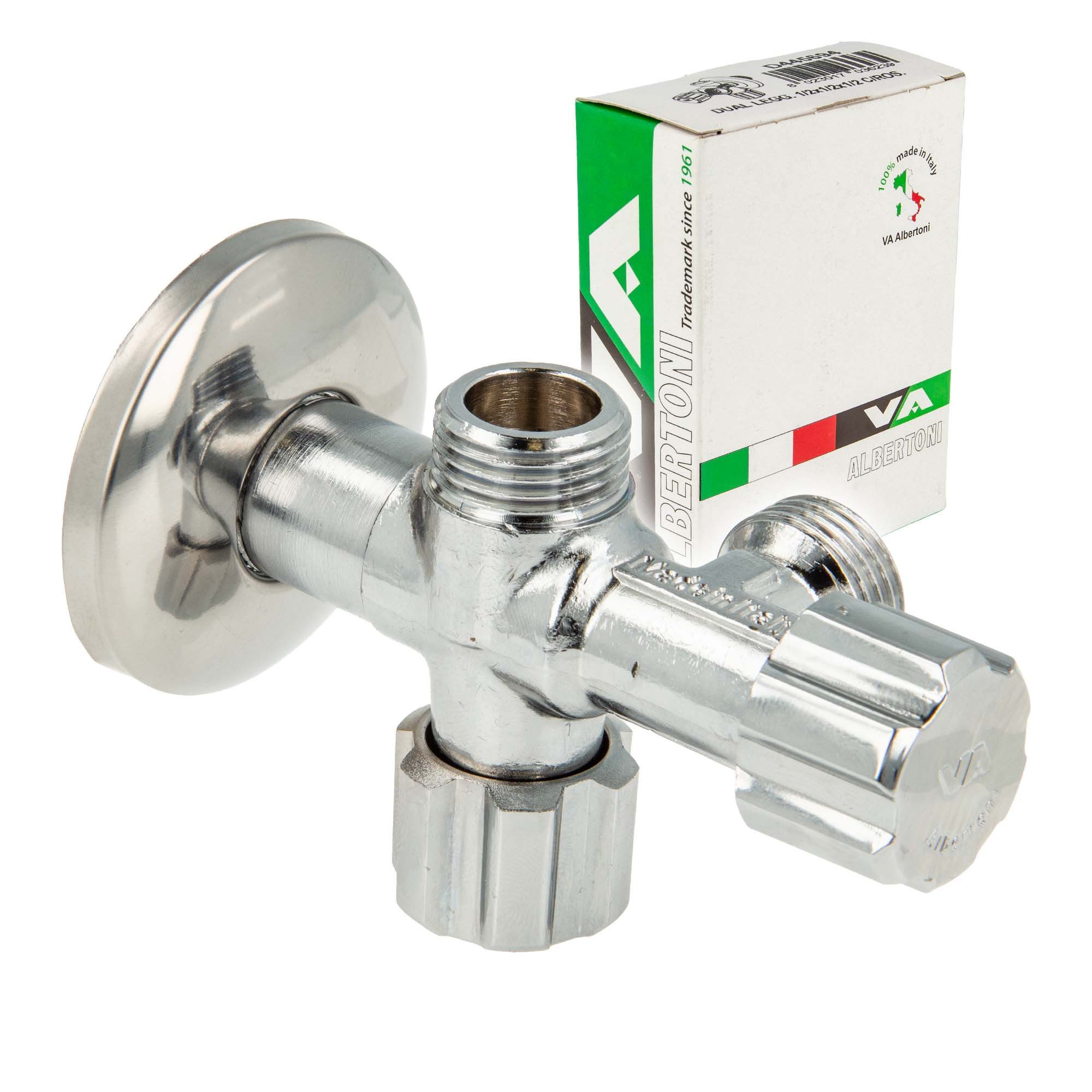 VA Albertoni Eckventil Doppeleckventil 1/2 Zoll (DN 15), mit. 2 x 1/2 Zoll Abgängen, D445694, einzeln absperrbar
