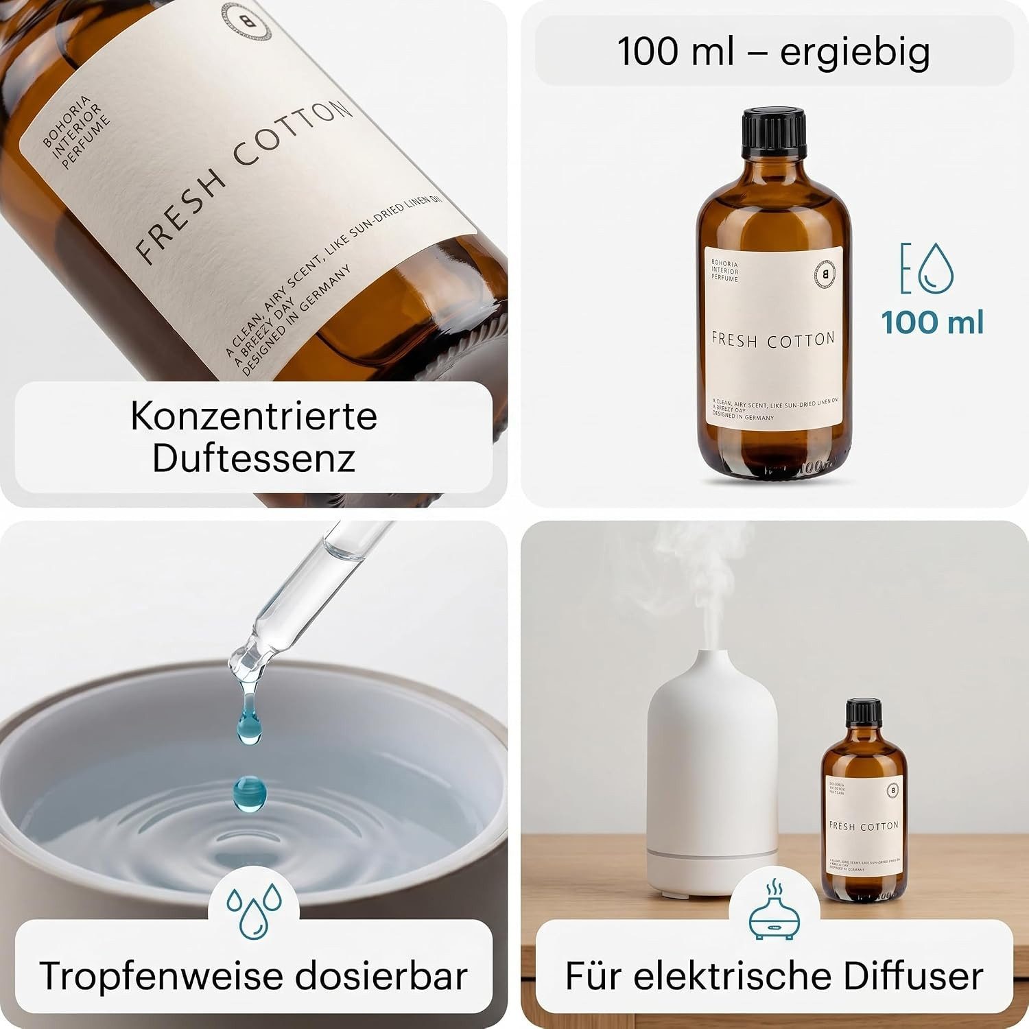 BOHORIA Raumduft Raumduft Essenz Fresh Cotton 100 ml – Duftöl für elektrische Diffuser