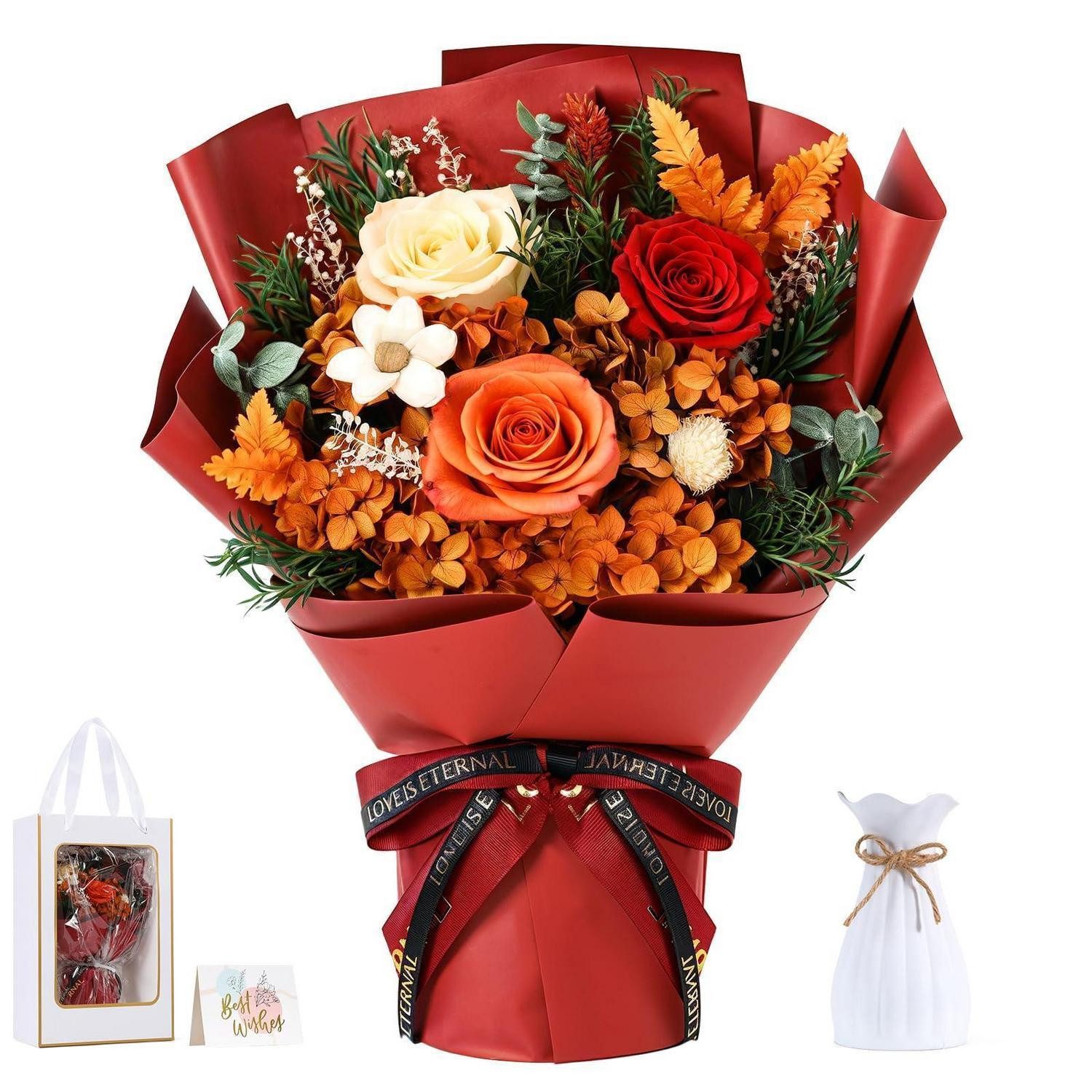 Kunstblumenstrauß Konservierter Blumenstrauß mit Vase Dunkel Orange, LuxusKollektion, Höhe 12.5 cm